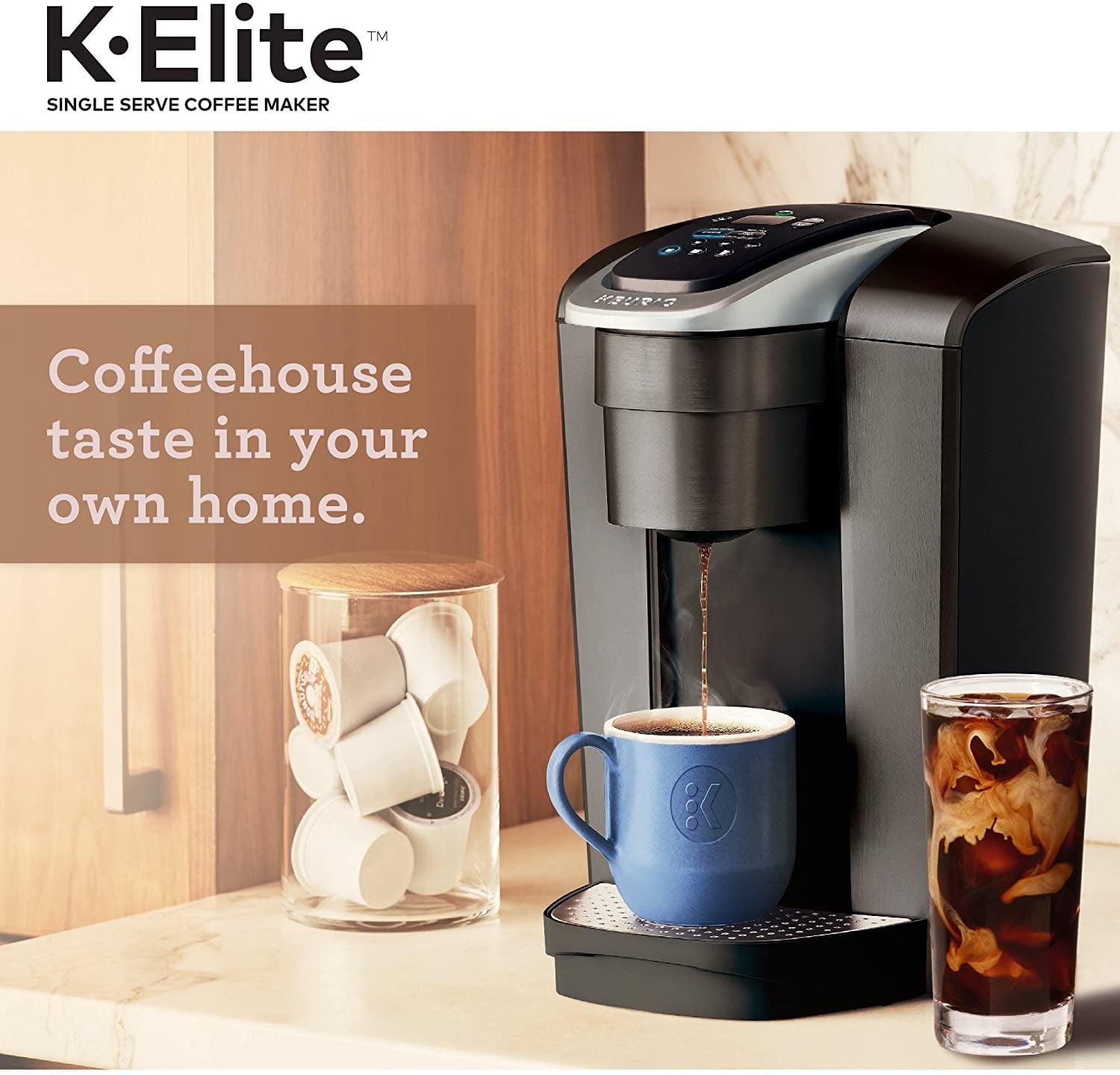 K-Elite Single Serve K-Cup Pod Coffee Maker, with Strong Temperature Control, Iced Coffee Capability, 12oz Brew Size, Programmable, Brushed Slate
