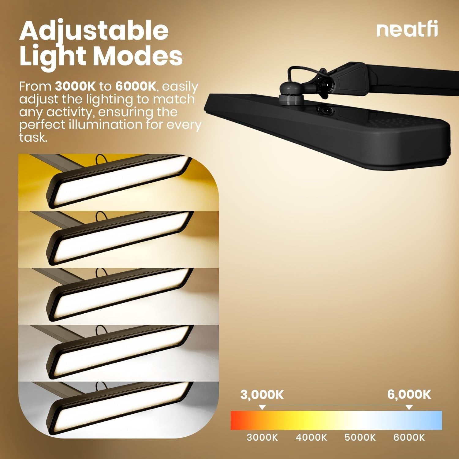 Modern LED Desk Lamp with Clamp, 2500 Lumens, 5 Light Modes, 22-inch, Black