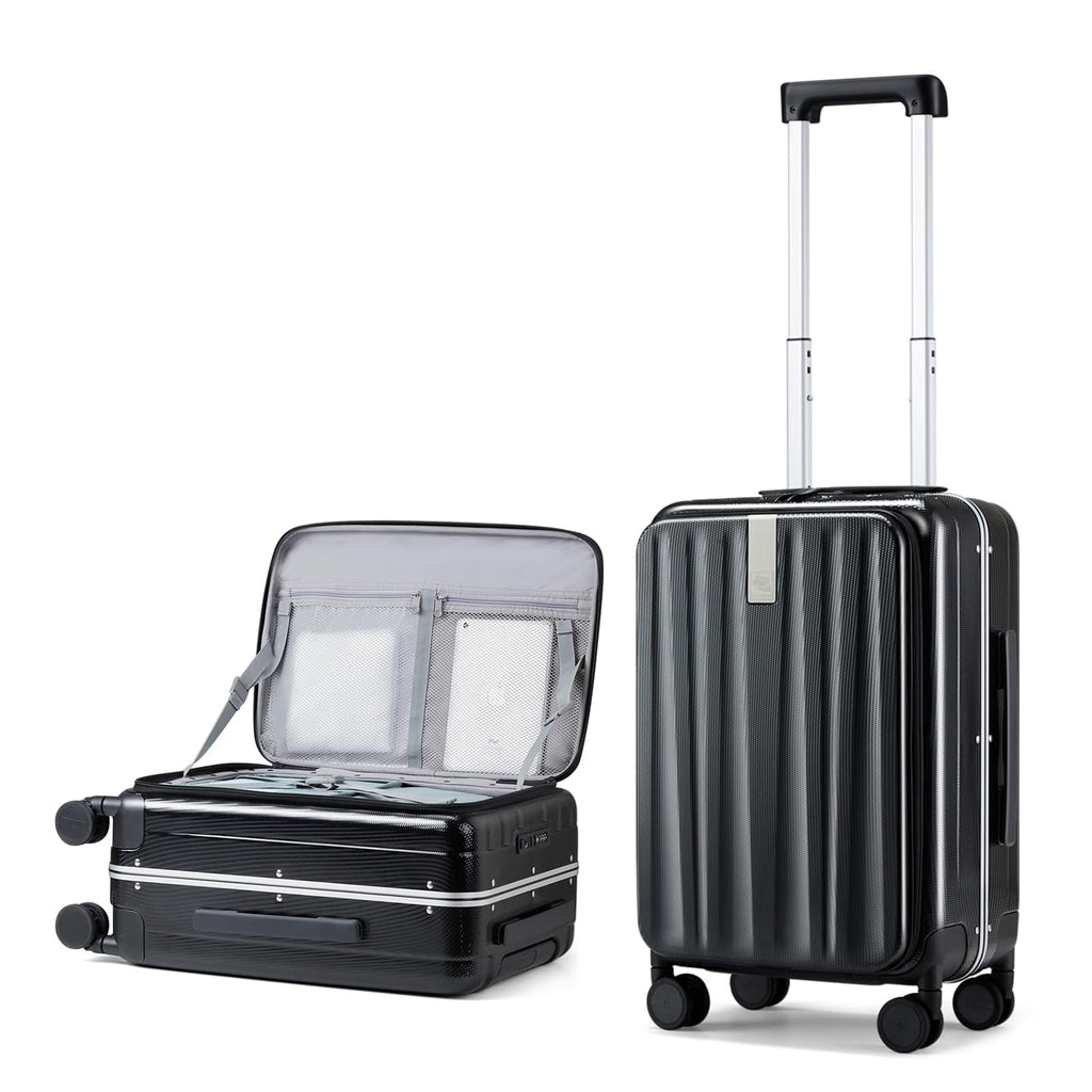 20 Inch Carry-On Luggage PC Hard Shell Suitcases for Travel Front Opening Aluminum Frame Tsa Luggage Rolling Suitcase with Wheels.(Jet Black)