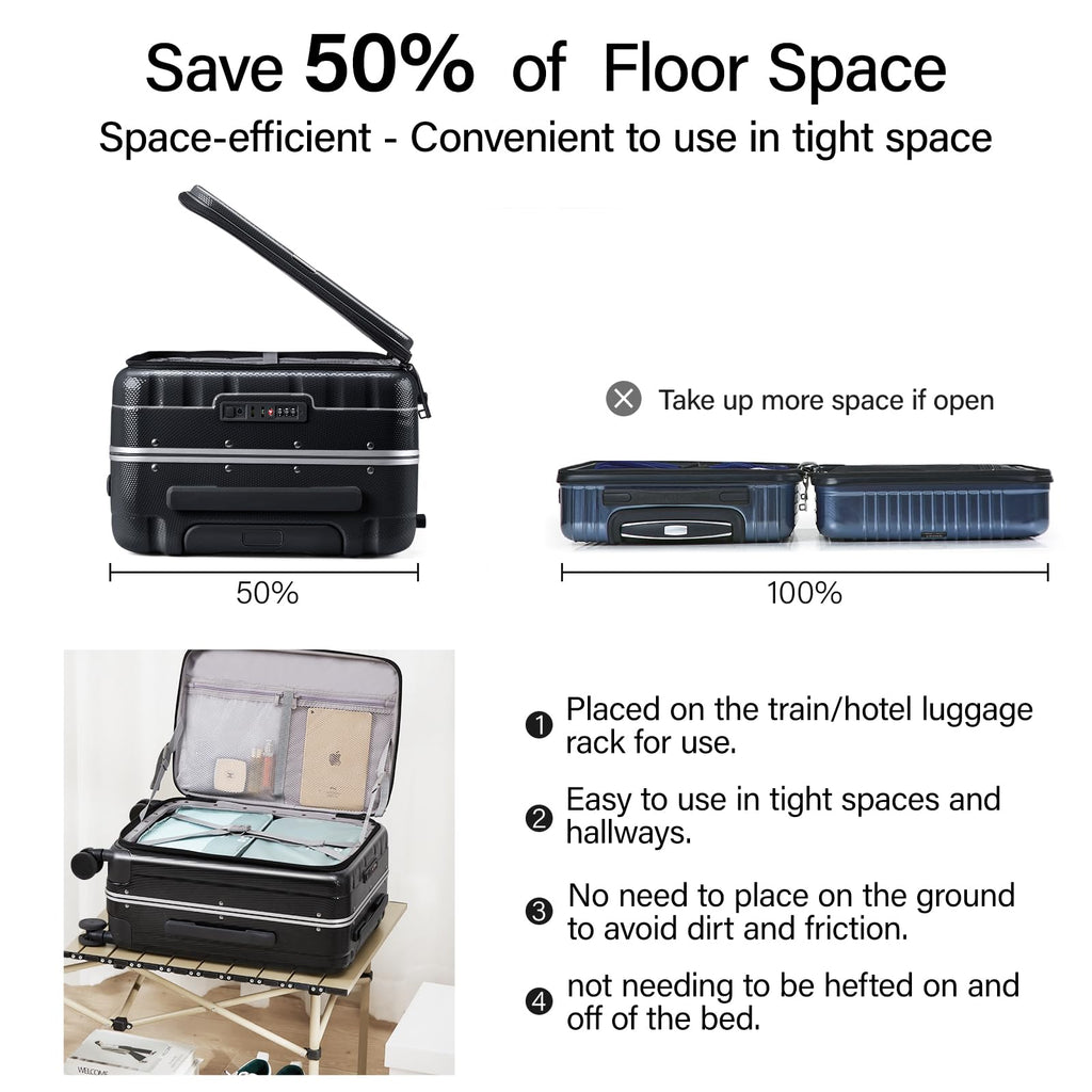20 Inch Carry-On Luggage PC Hard Shell Suitcases for Travel Front Opening Aluminum Frame Tsa Luggage Rolling Suitcase with Wheels.(Jet Black)