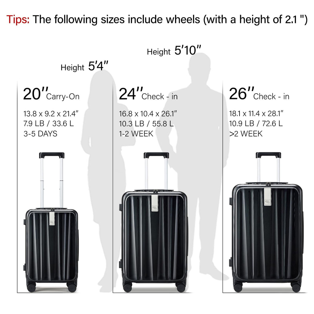 20 Inch Carry-On Luggage PC Hard Shell Suitcases for Travel Front Opening Aluminum Frame Tsa Luggage Rolling Suitcase with Wheels.(Jet Black)