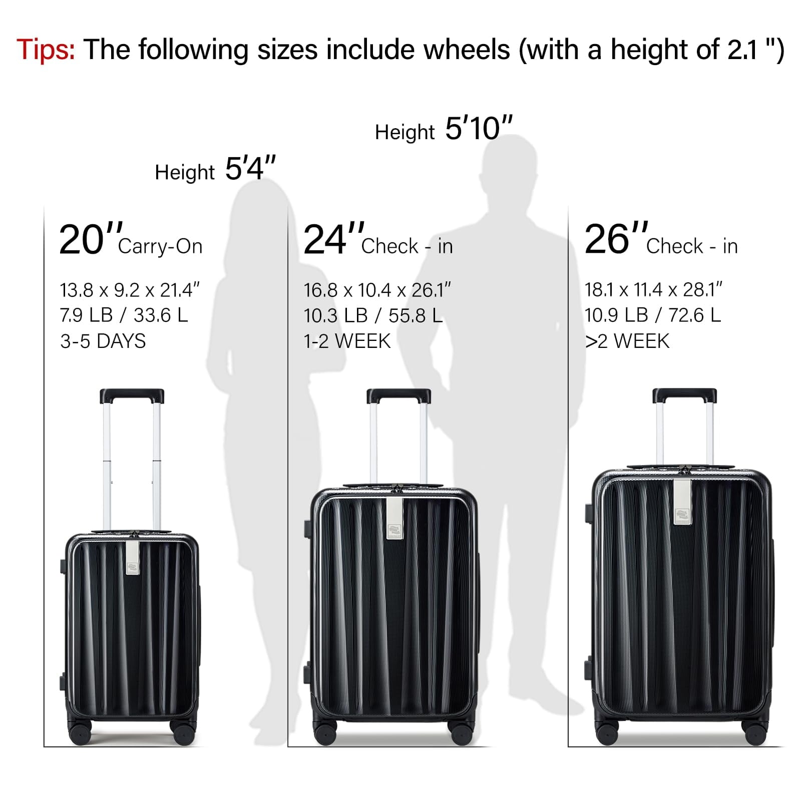 20 Inch Carry-On Luggage PC Hard Shell Suitcases for Travel Front Opening Aluminum Frame Tsa Luggage Rolling Suitcase with Wheels.(Jet Black)