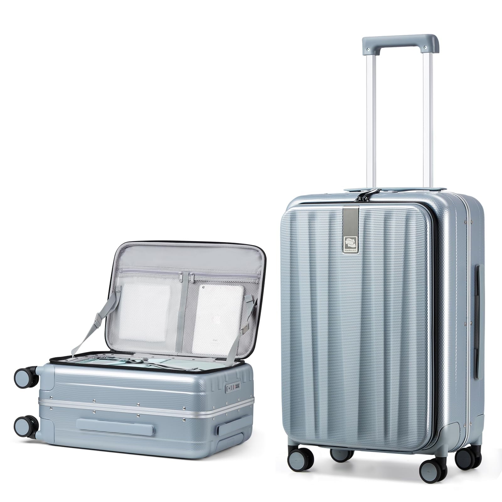 20 Inch Carry-On Luggage PC Hard Shell Suitcases for Travel Front Opening Aluminum Frame Tsa Luggage Rolling Suitcase with Wheels.(Jet Black)