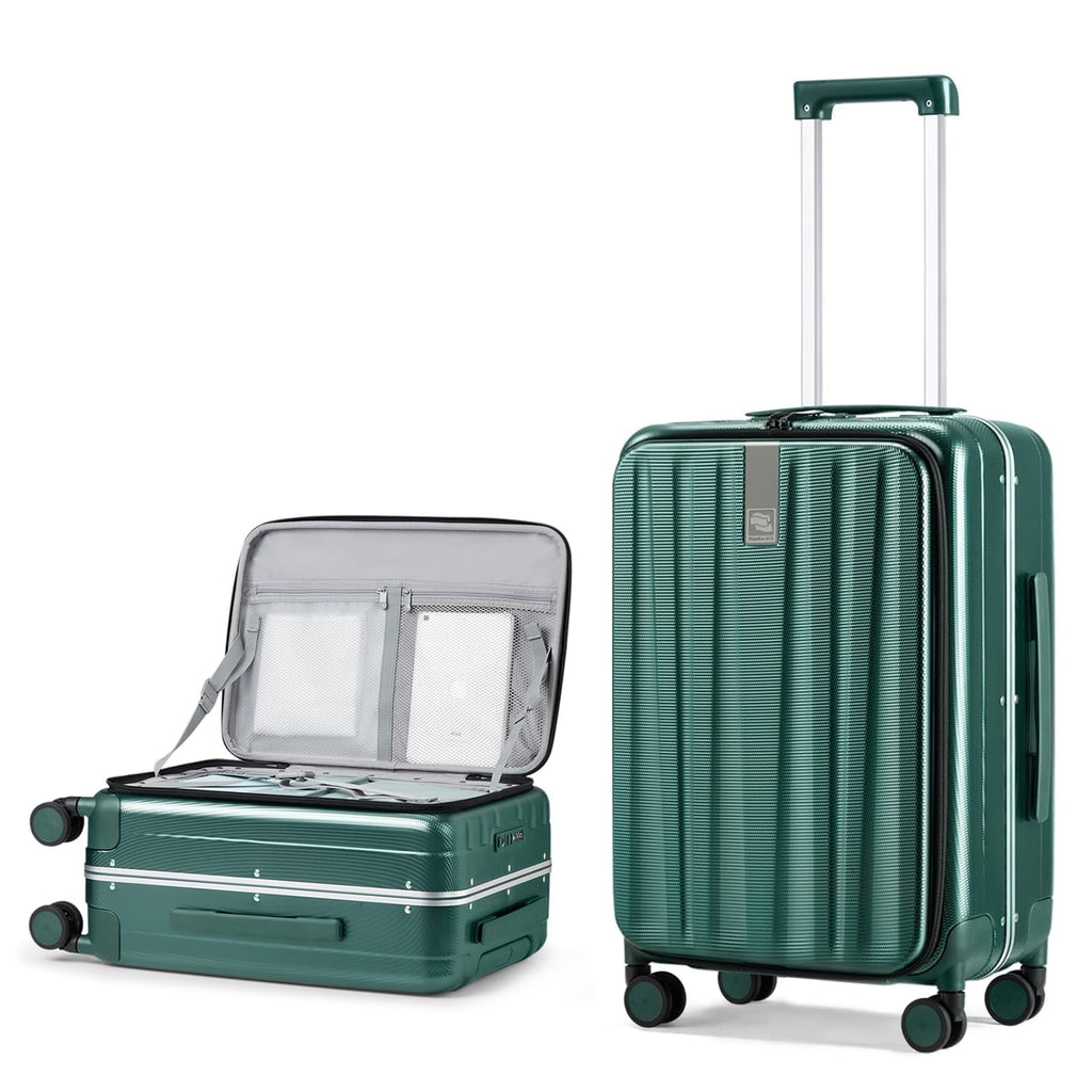 20 Inch Carry-On Luggage PC Hard Shell Suitcases for Travel Front Opening Aluminum Frame Tsa Luggage Rolling Suitcase with Wheels.(Jet Black)