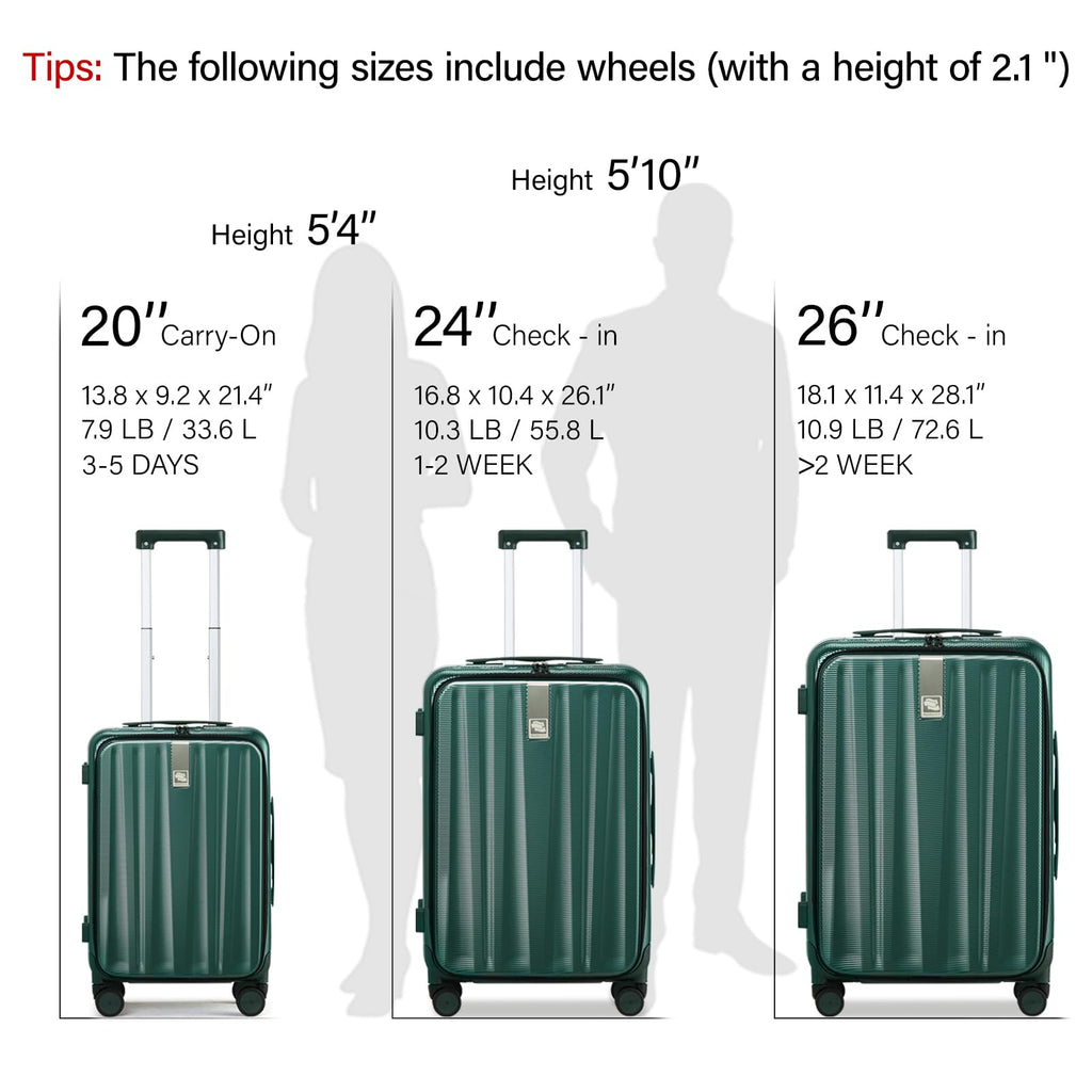 20 Inch Carry-On Luggage PC Hard Shell Suitcases for Travel Front Opening Aluminum Frame Tsa Luggage Rolling Suitcase with Wheels.(Jet Black)