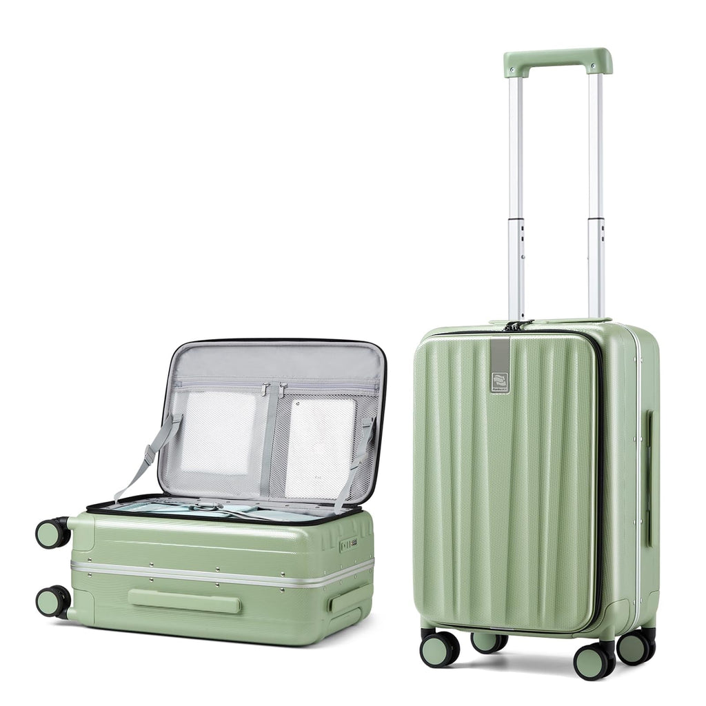 20 Inch Carry-On Luggage PC Hard Shell Suitcases for Travel Front Opening Aluminum Frame Tsa Luggage Rolling Suitcase with Wheels.(Jet Black)