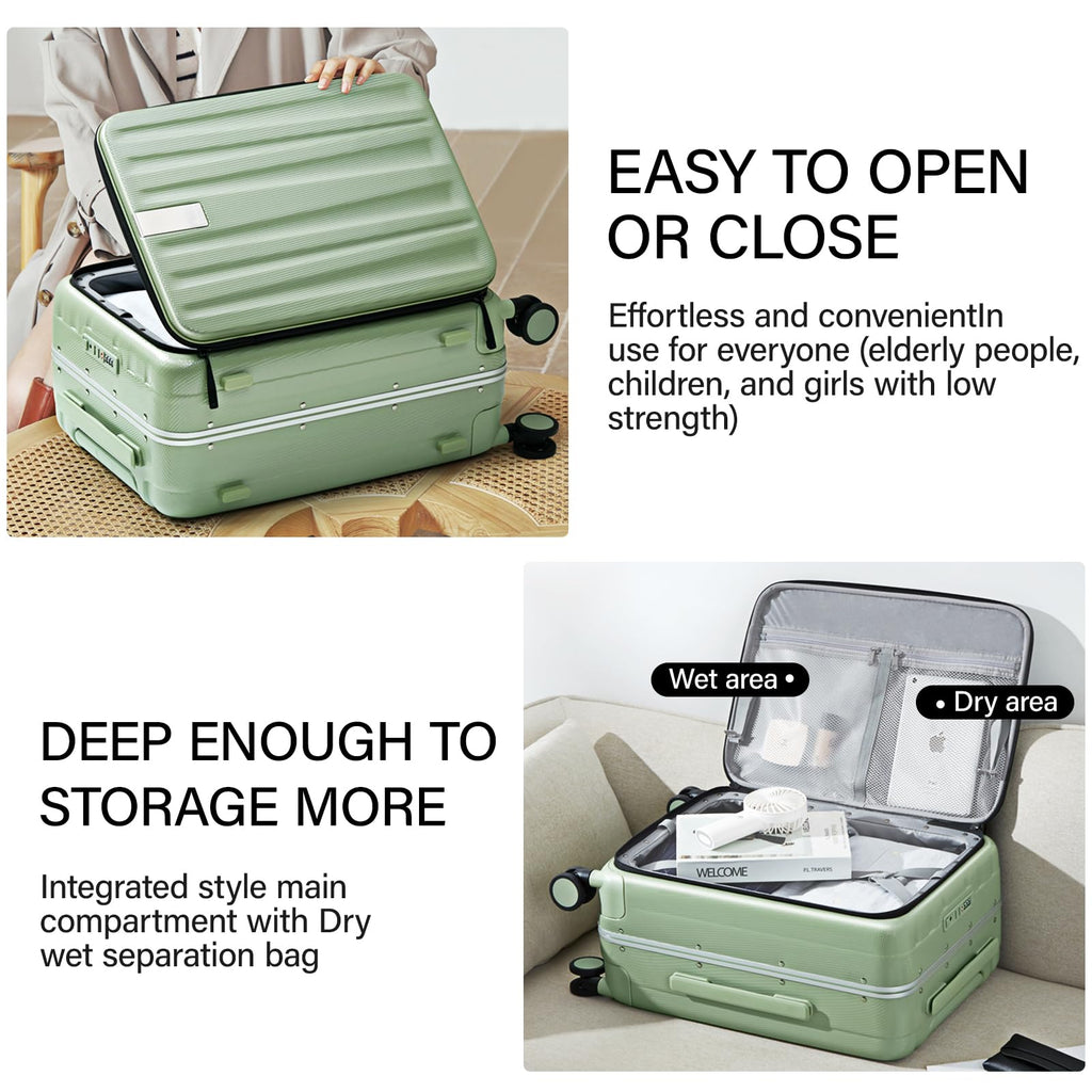 20 Inch Carry-On Luggage PC Hard Shell Suitcases for Travel Front Opening Aluminum Frame Tsa Luggage Rolling Suitcase with Wheels.(Jet Black)