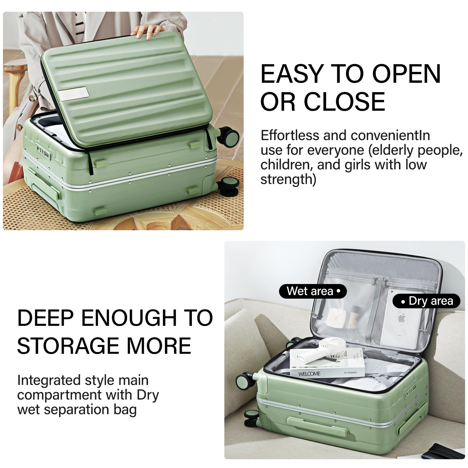 20 Inch Carry-On Luggage PC Hard Shell Suitcases for Travel Front Opening Aluminum Frame Tsa Luggage Rolling Suitcase with Wheels.(Jet Black)