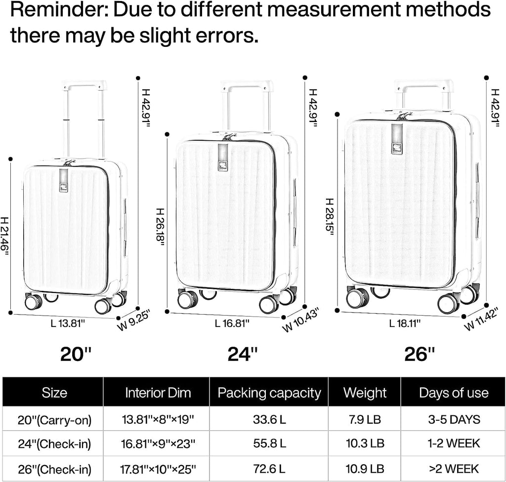 20 Inch Carry-On Luggage PC Hard Shell Suitcases for Travel Front Opening Aluminum Frame Tsa Luggage Rolling Suitcase with Wheels.(Jet Black)