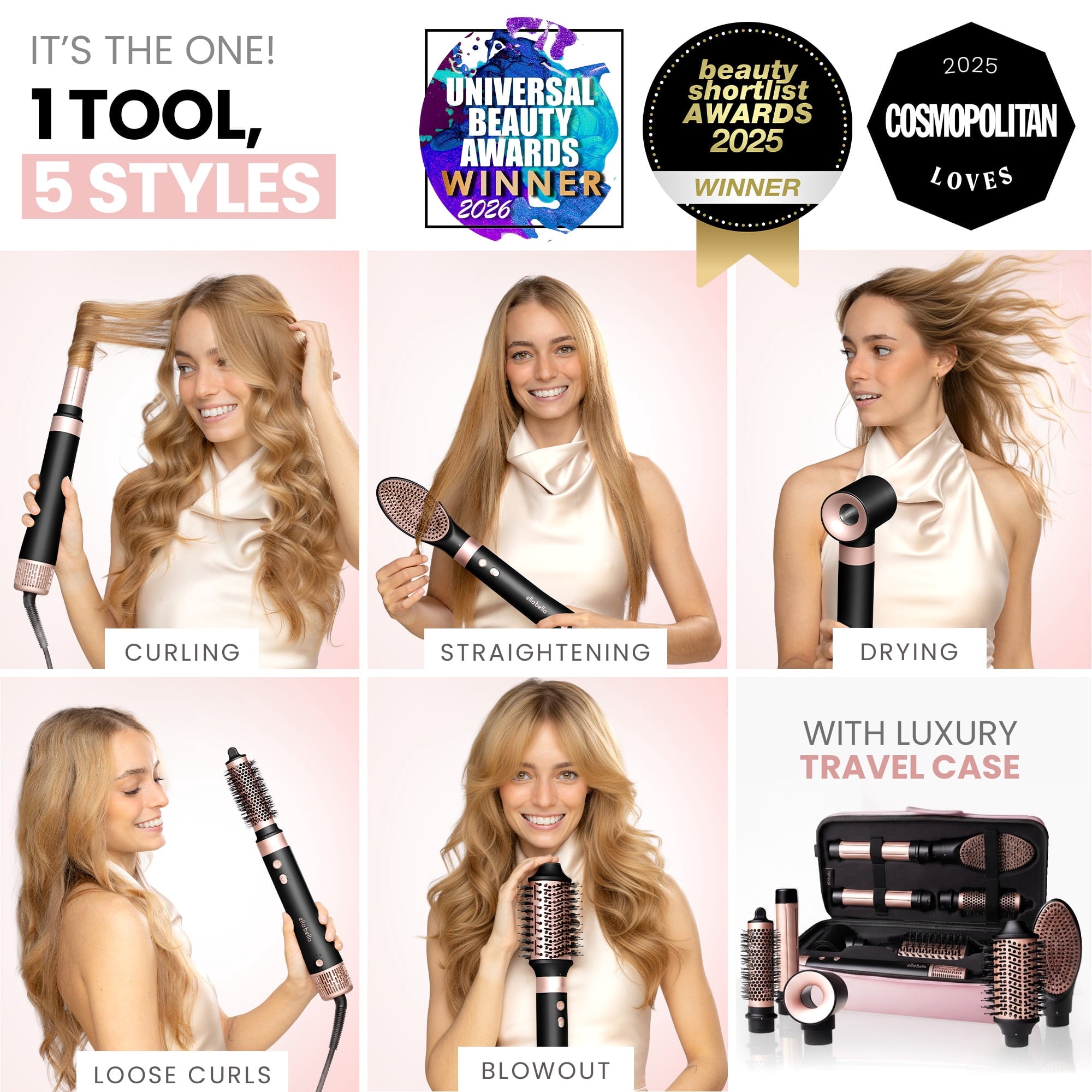 6 in 1 Professional Hot Air Styler • Powerful Hair Dryer &amp; Straightener Set • Fast Drying Curling Volumizing Straightening Styling • Includes Protective Travel Case (Black &amp; Rose Gold)