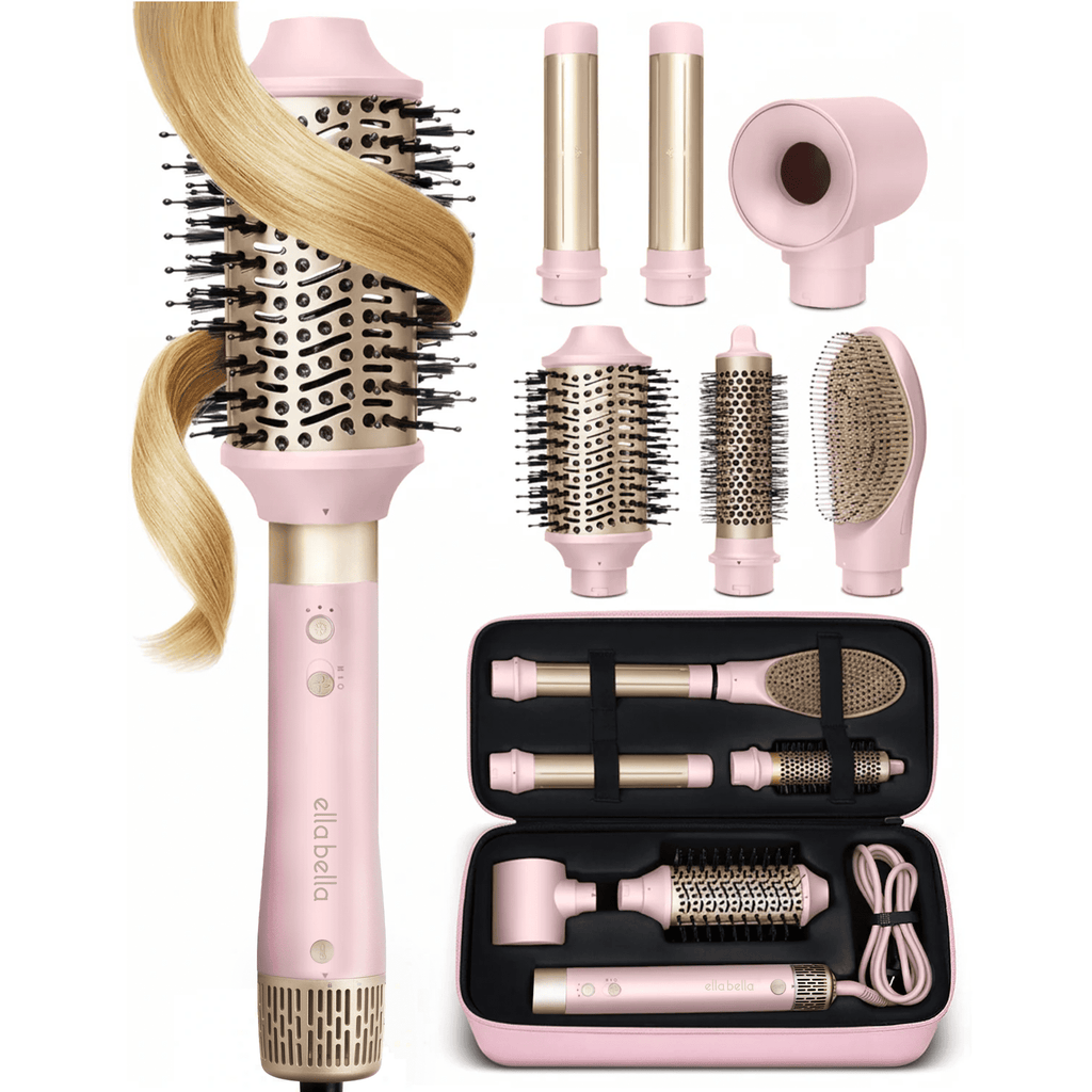 6 in 1 Professional Hot Air Styler • Powerful Hair Dryer &amp; Straightener Set • Fast Drying Curling Volumizing Straightening Styling • Includes Protective Travel Case (Black &amp; Rose Gold)