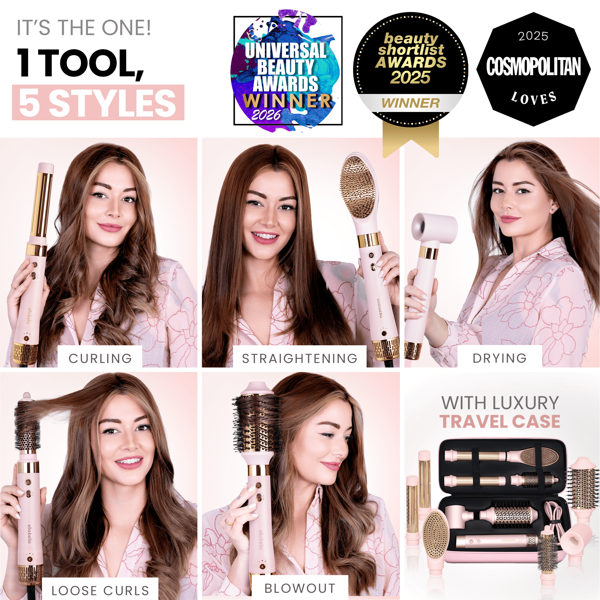 6 in 1 Professional Hot Air Styler • Powerful Hair Dryer &amp; Straightener Set • Fast Drying Curling Volumizing Straightening Styling • Includes Protective Travel Case (Black &amp; Rose Gold)