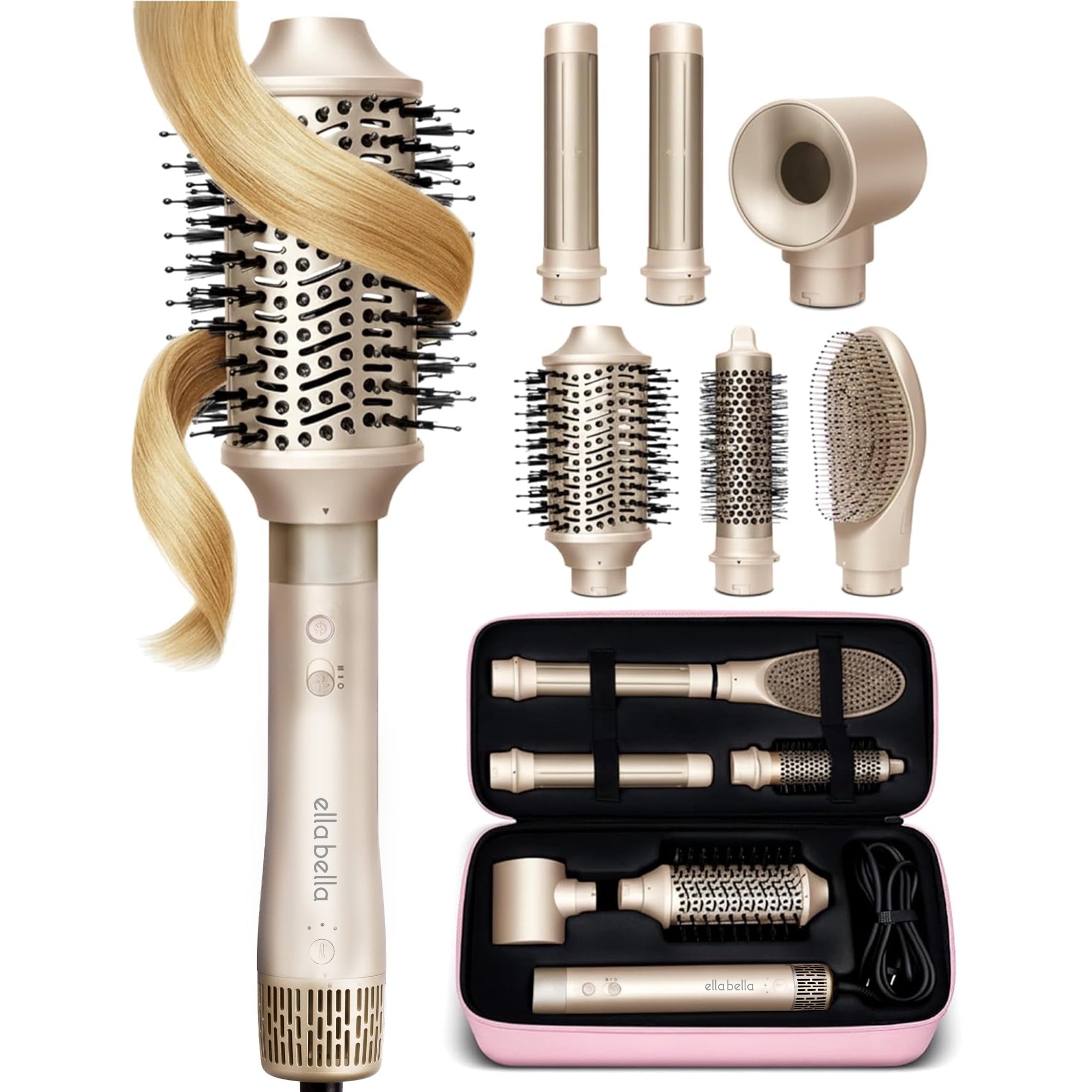 6 in 1 Professional Hot Air Styler • Powerful Hair Dryer &amp; Straightener Set • Fast Drying Curling Volumizing Straightening Styling • Includes Protective Travel Case (Black &amp; Rose Gold)