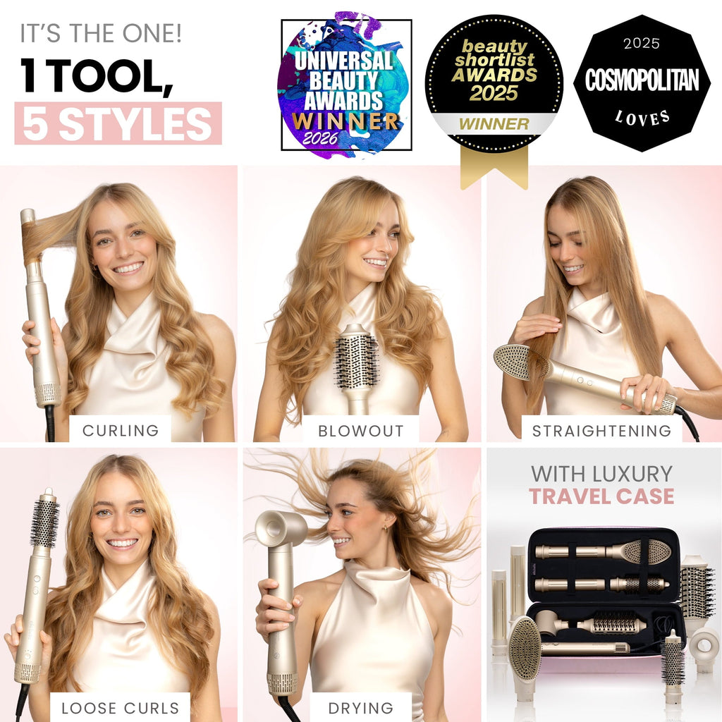 6 in 1 Professional Hot Air Styler • Powerful Hair Dryer &amp; Straightener Set • Fast Drying Curling Volumizing Straightening Styling • Includes Protective Travel Case (Black &amp; Rose Gold)