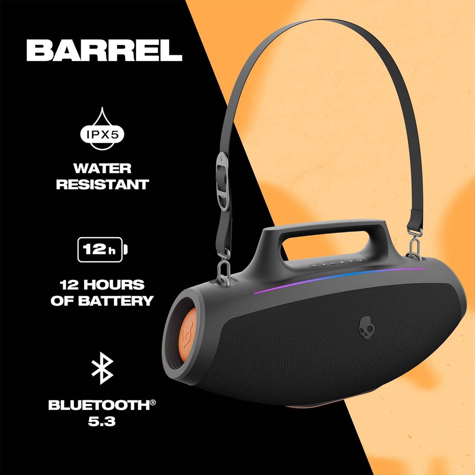 Barrel Bluetooth Boombox Party Speaker, Water-Resistant Portable Speaker, LED Lightshow Mode, 12 Hour Battery, Multi-Link