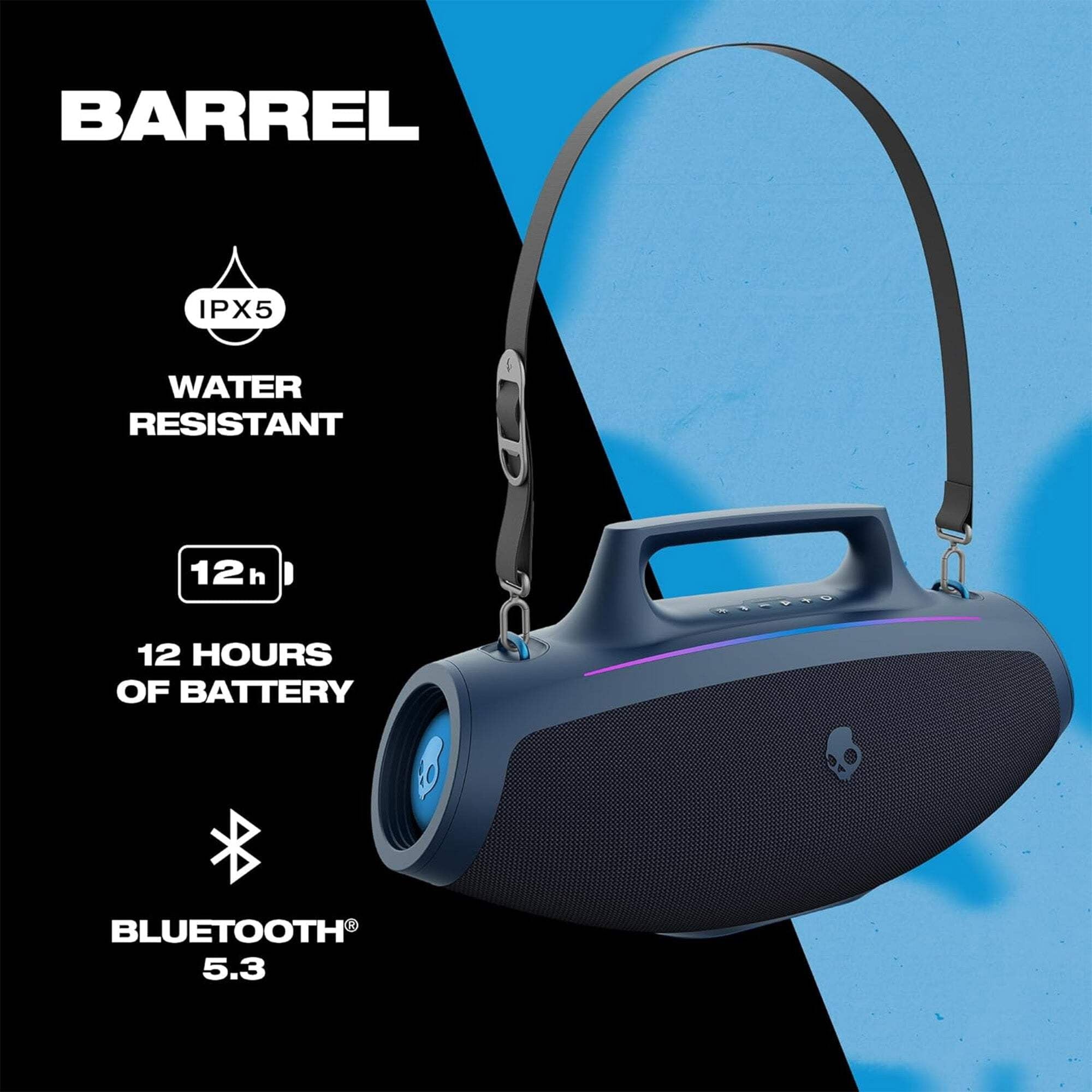 Barrel Bluetooth Boombox Party Speaker, Water-Resistant Portable Speaker, LED Lightshow Mode, 12 Hour Battery, Multi-Link