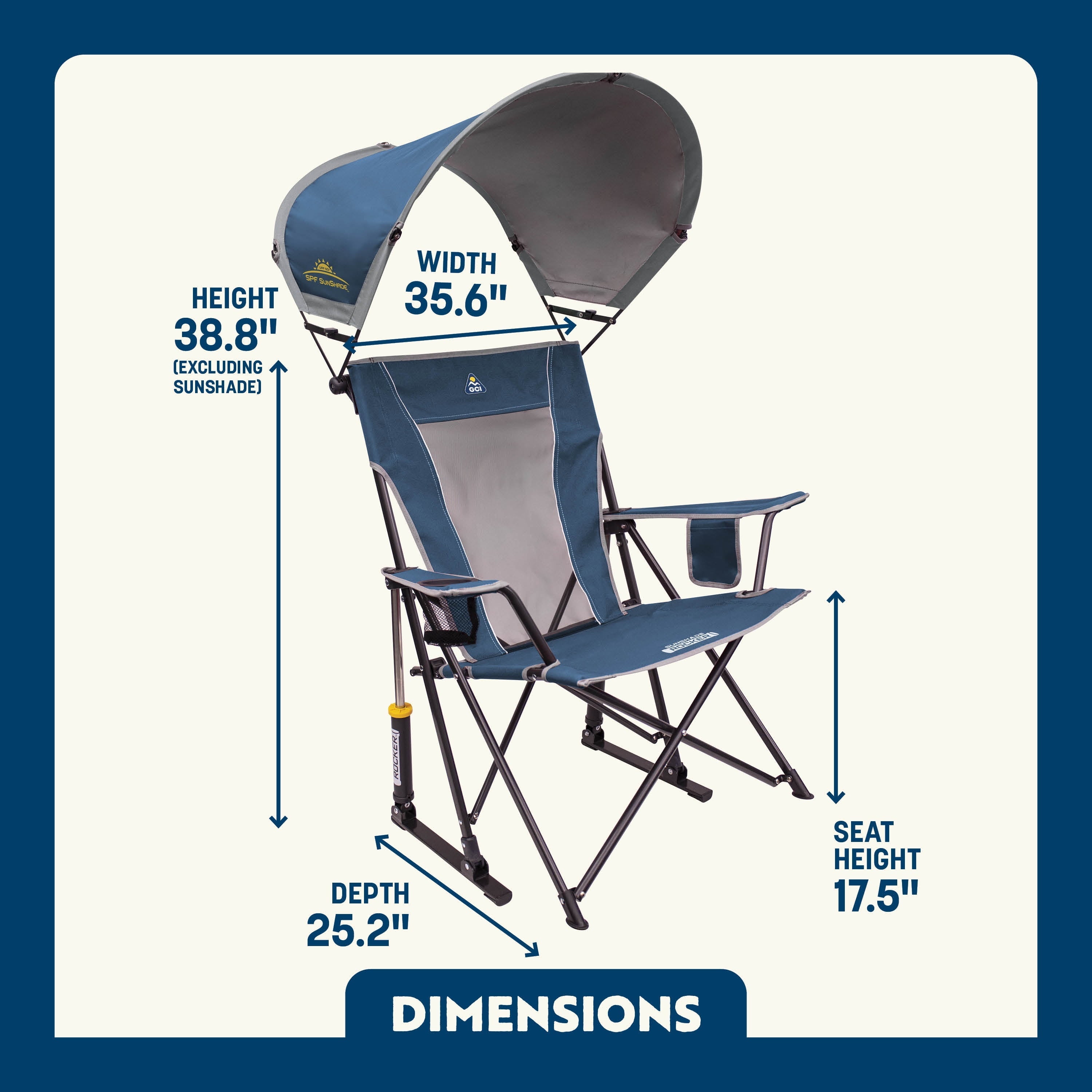 SunShade Rocker Foldable Rocking Camp Chair with Shade Canopy, Pewter