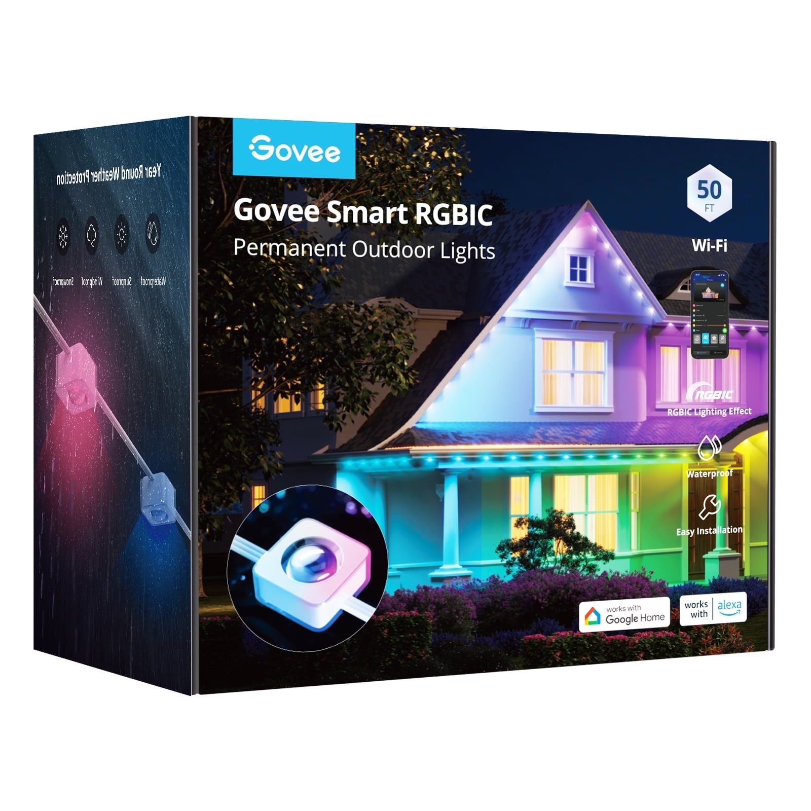 (2 pack) 50ft RGBIC Smart White Permanent Outdoor LED Strip Lights with 36 Lights, Color-Changing, IP67 Waterproof, WiFi + Bluetooth, Patio, Garden Decor, Holiday Lighting