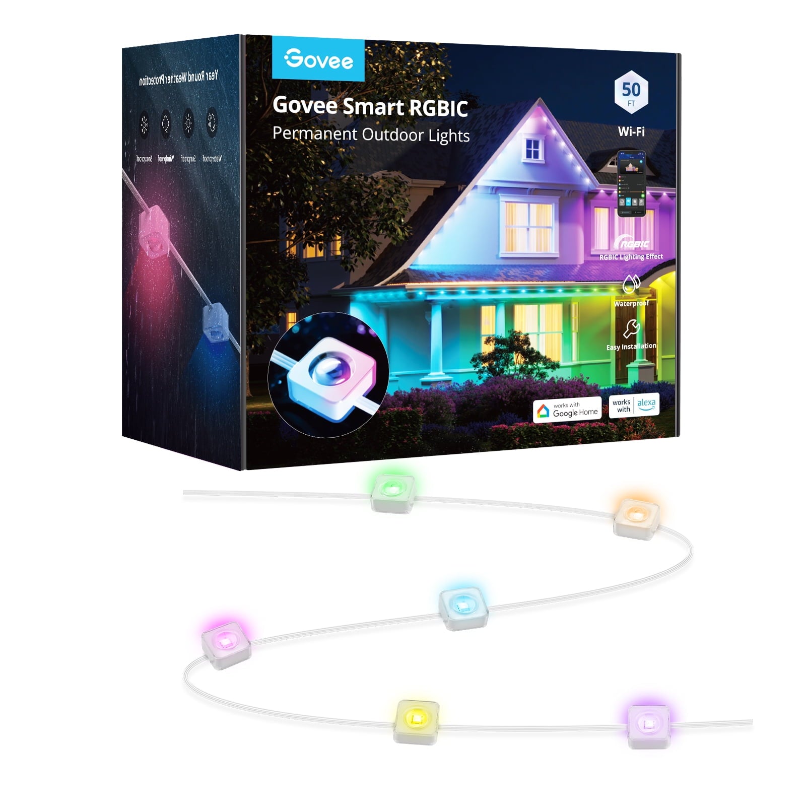 (2 pack) 50ft RGBIC Smart White Permanent Outdoor LED Strip Lights with 36 Lights, Color-Changing, IP67 Waterproof, WiFi + Bluetooth, Patio, Garden Decor, Holiday Lighting