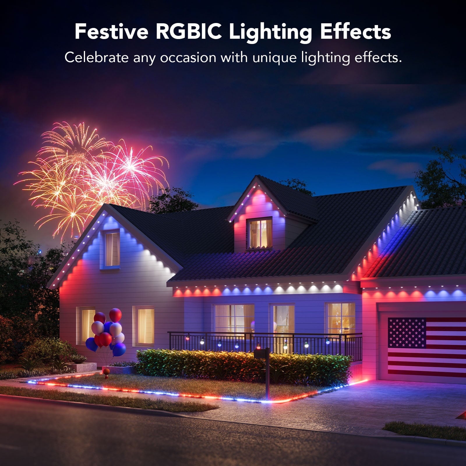 (2 pack) 50ft RGBIC Smart White Permanent Outdoor LED Strip Lights with 36 Lights, Color-Changing, IP67 Waterproof, WiFi + Bluetooth, Patio, Garden Decor, Holiday Lighting