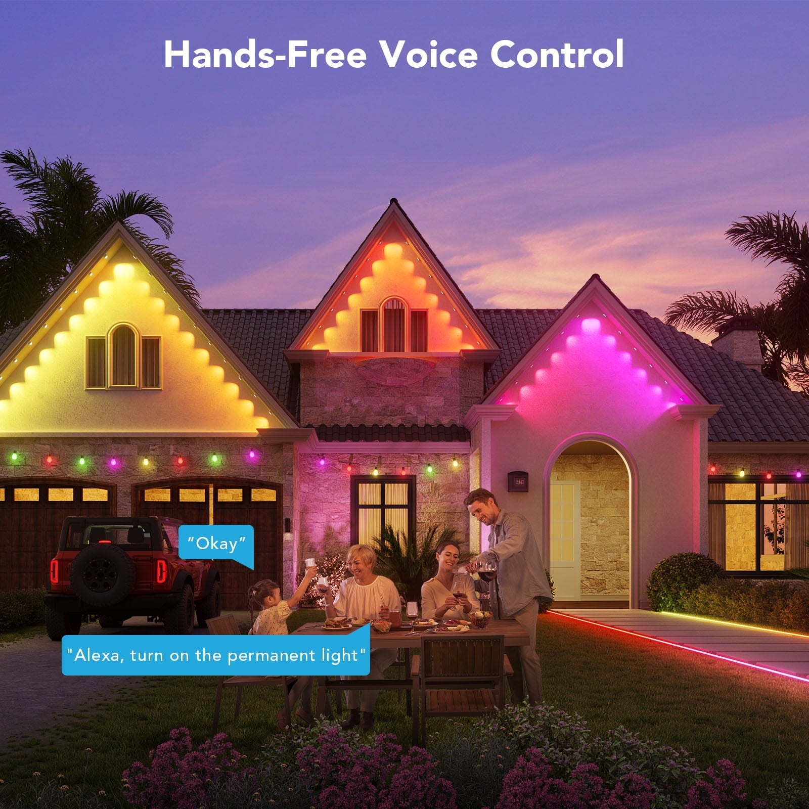 (2 pack) 50ft RGBIC Smart White Permanent Outdoor LED Strip Lights with 36 Lights, Color-Changing, IP67 Waterproof, WiFi + Bluetooth, Patio, Garden Decor, Holiday Lighting