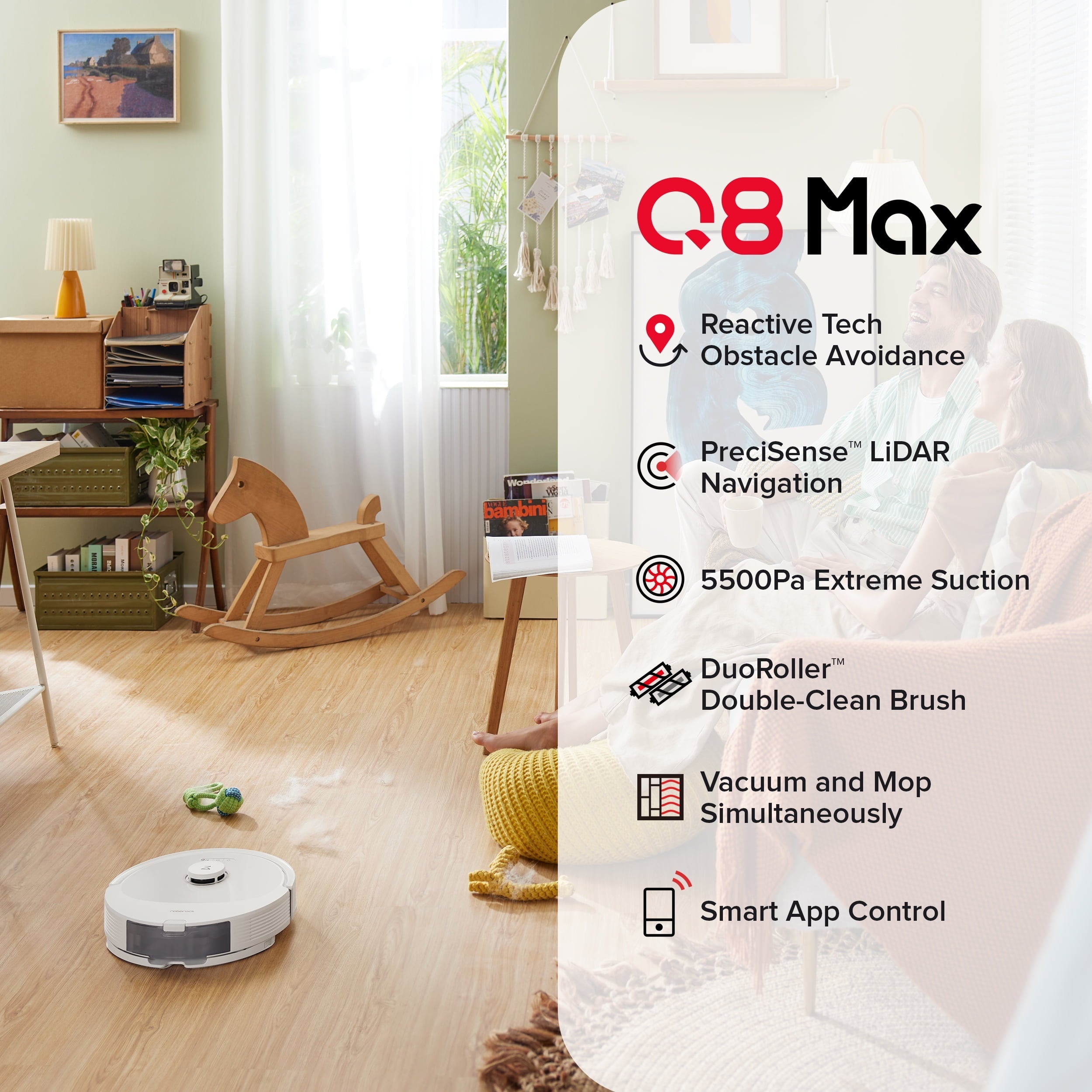 Q8 Max Robot Vacuum and Mop with Obstacle Avoidance, LiDAR Navigation, 5500Pa Suction Power, and App Control(White)