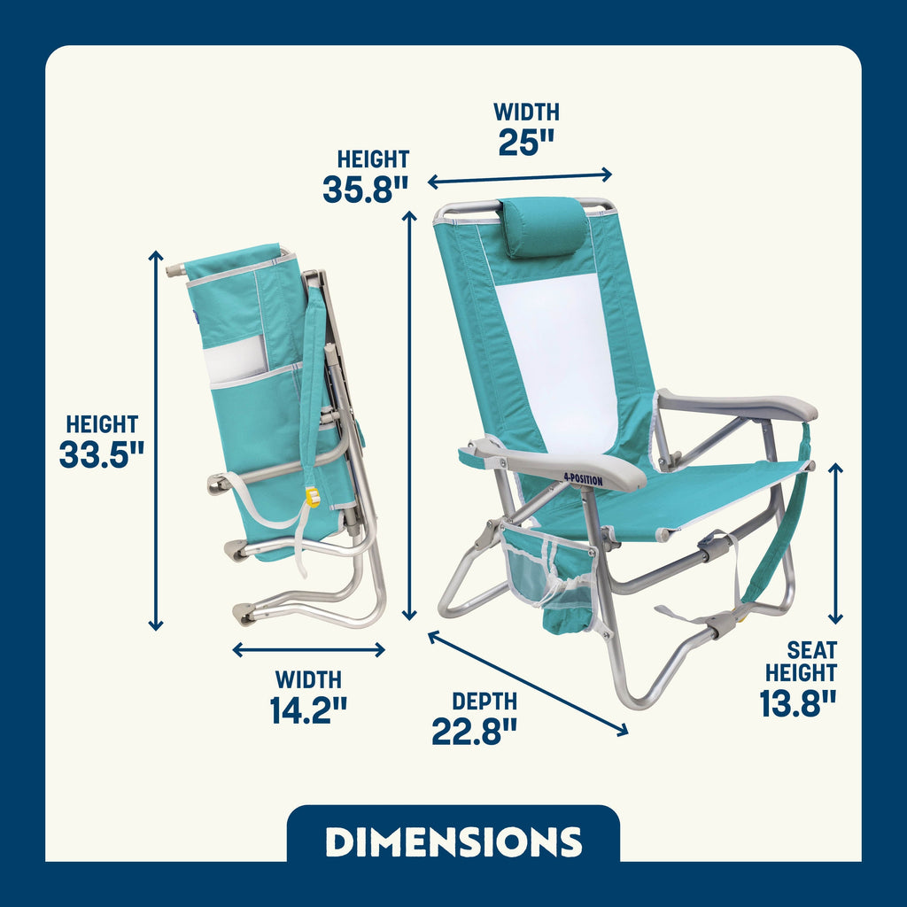 Bi-Fold Beach Chair Compact Low Profile Reclining Chair, Seafoam