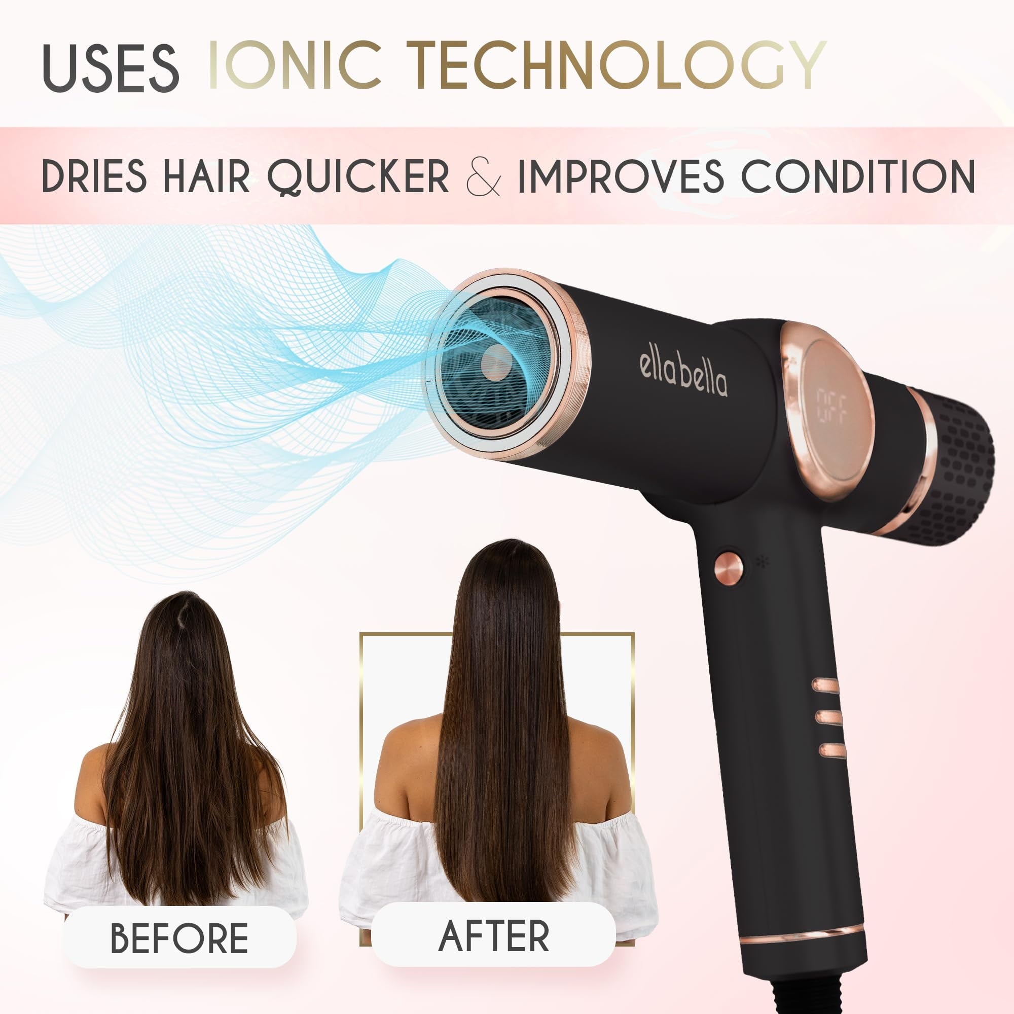 Professional Ionic Hair Dryer with Diffuser, Negative Ion Blow Dryer, Suitable All Hair Types • Intelligent Heat Control &amp; Rapid Drying Speeds • Lightweight Design &amp; Low Noise (Black)