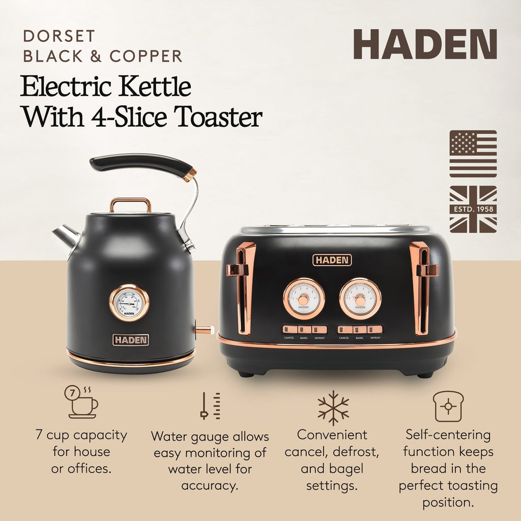 Dorset Electric Water Kettle &amp; 4 Slice Wide Toaster, Black &amp; Copper