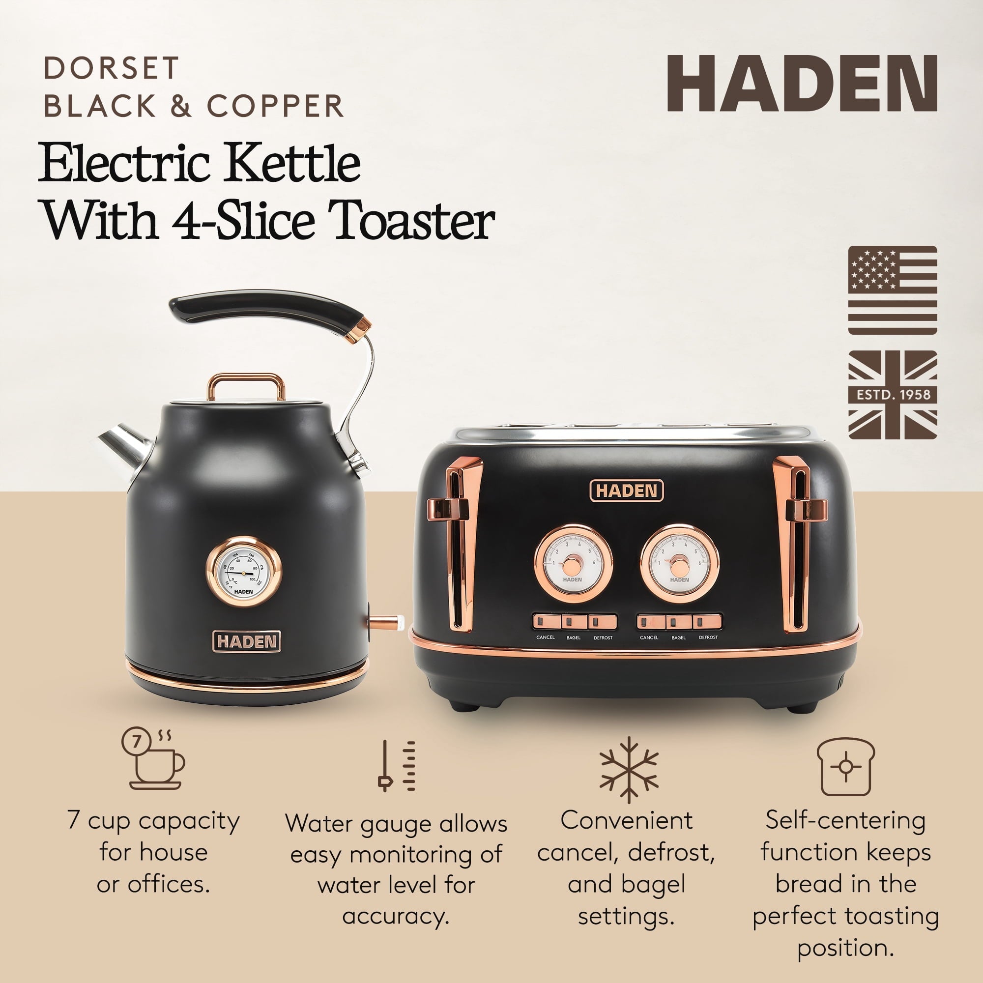 Dorset Electric Water Kettle &amp; 4 Slice Wide Toaster, Black &amp; Copper