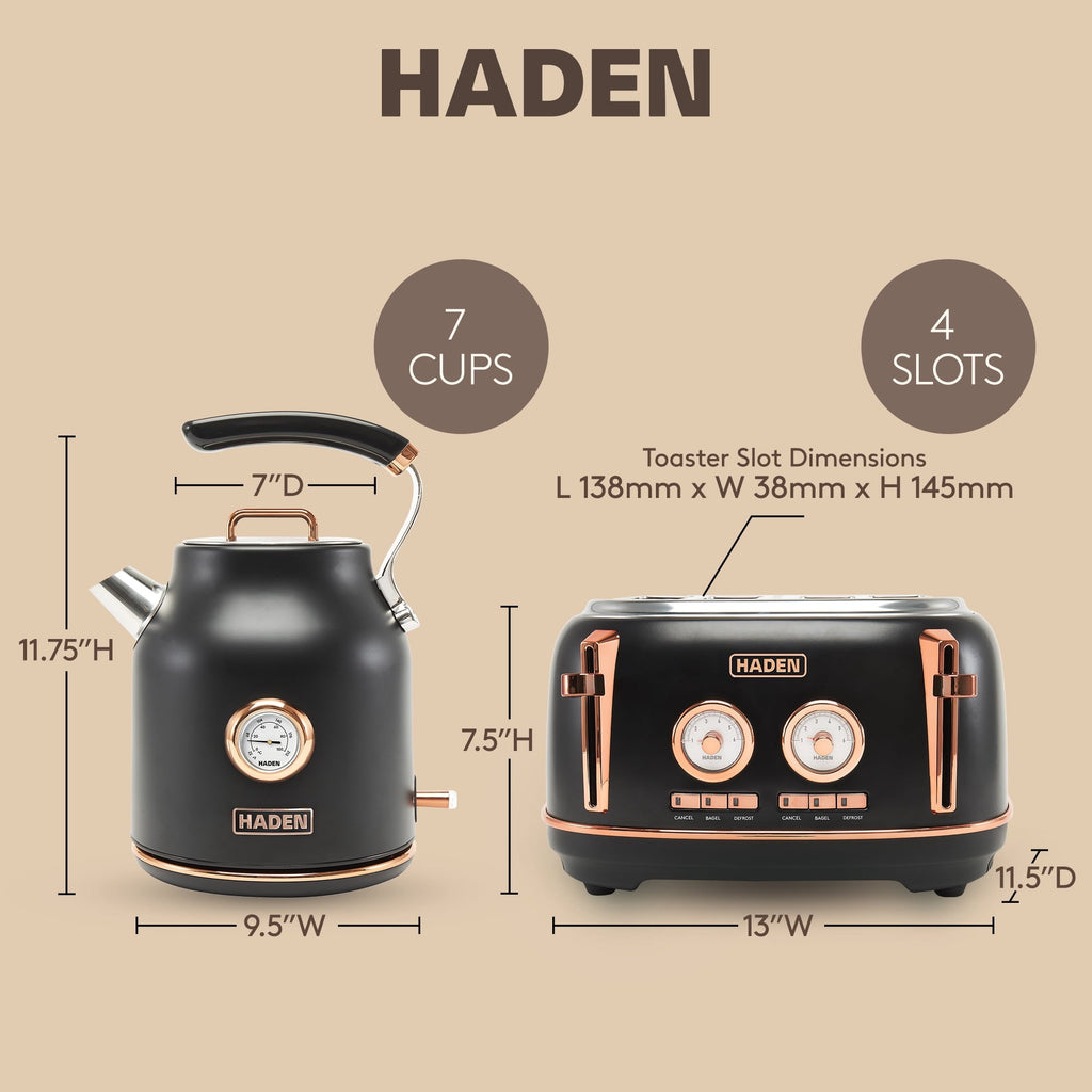 Dorset Electric Water Kettle &amp; 4 Slice Wide Toaster, Black &amp; Copper