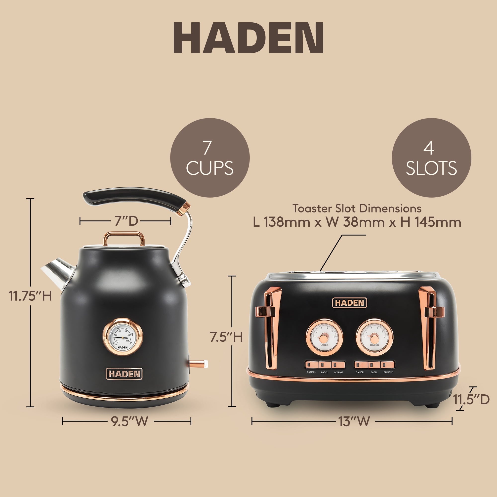 Dorset Electric Water Kettle &amp; 4 Slice Wide Toaster, Black &amp; Copper