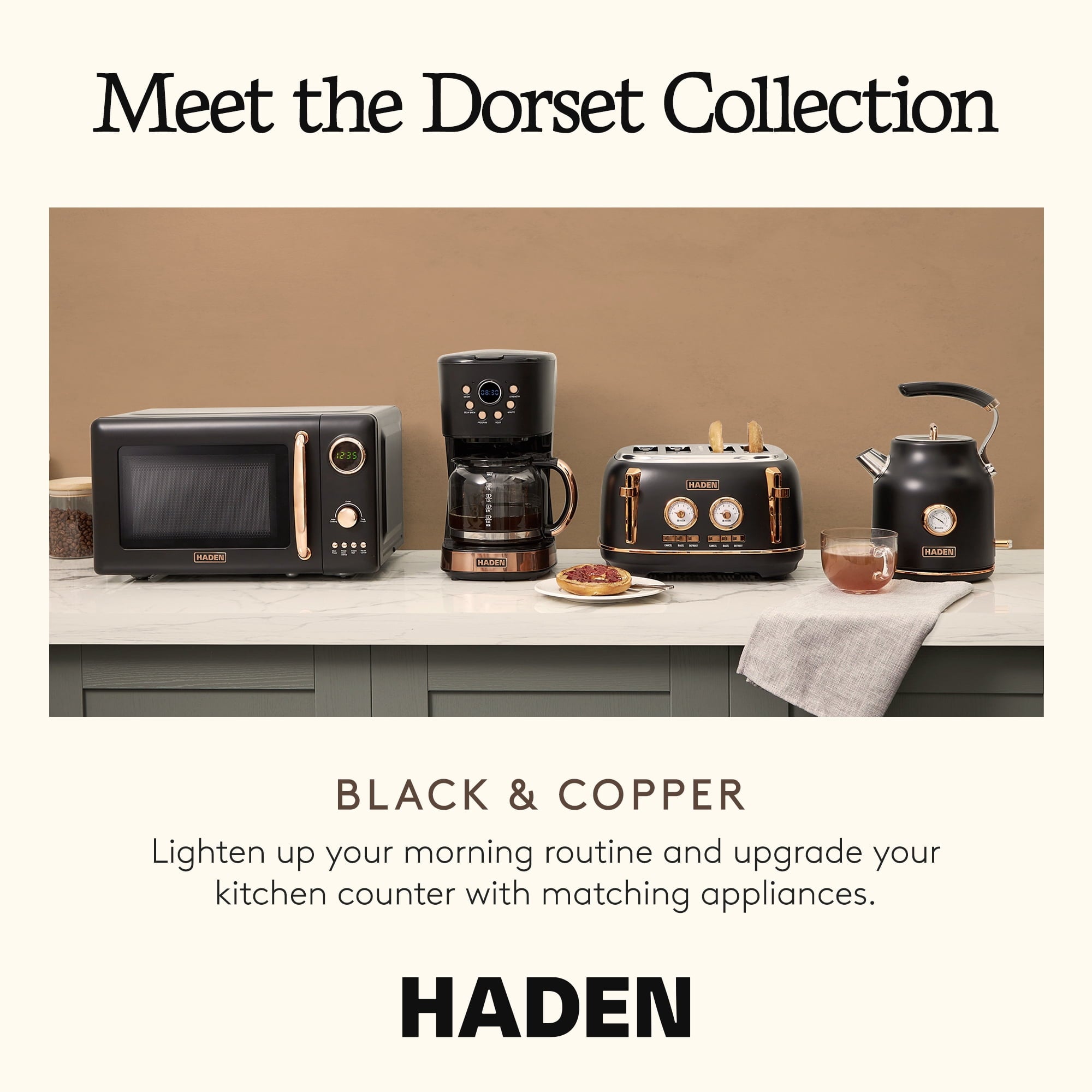 Dorset Electric Water Kettle &amp; 4 Slice Wide Toaster, Black &amp; Copper