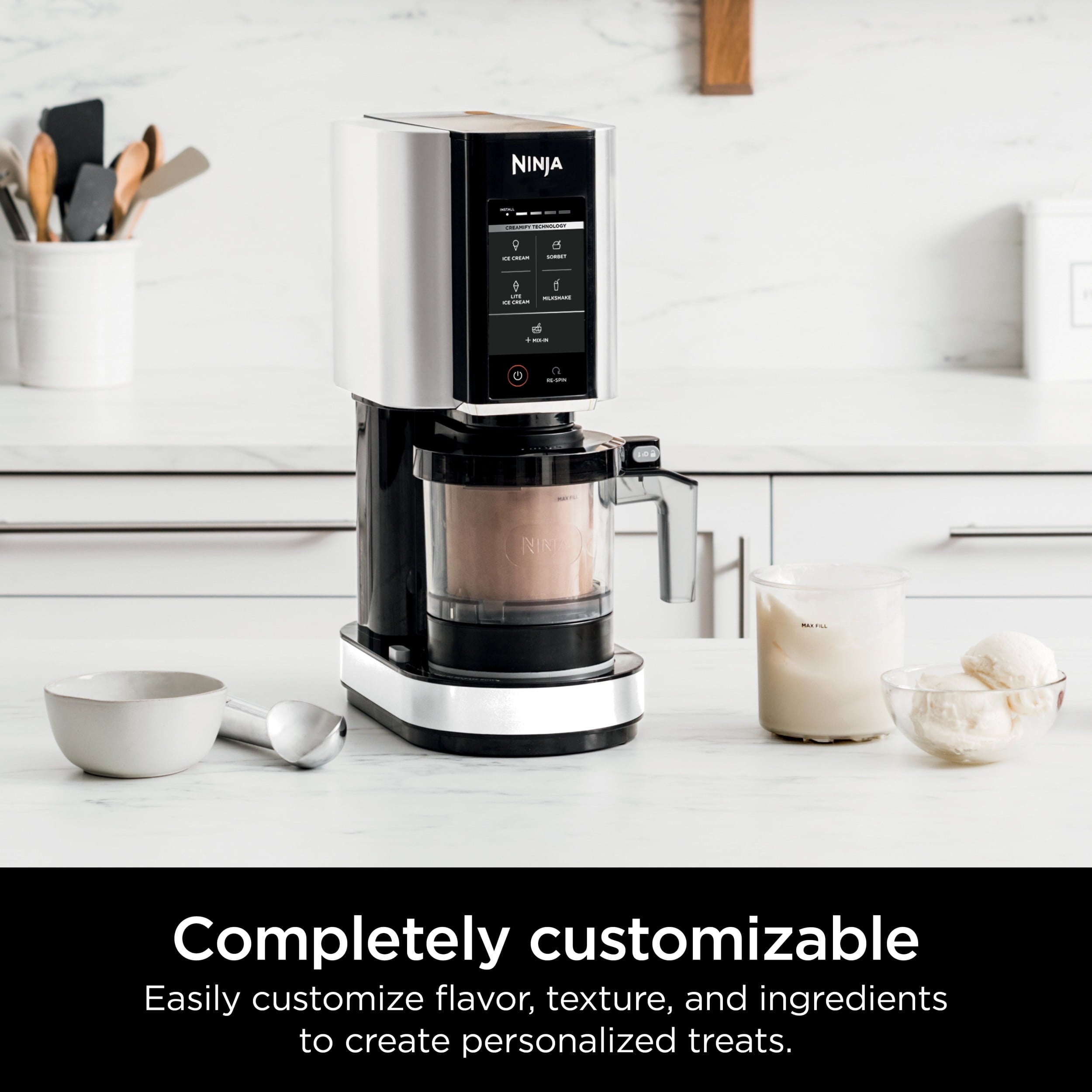 CREAMi Ice Cream Maker, for Mix-ins, Milkshakes, Sorbet, 5 One-Touch Programs, (2) 16 Oz Pint Containers &amp; Lids, NC300WH White