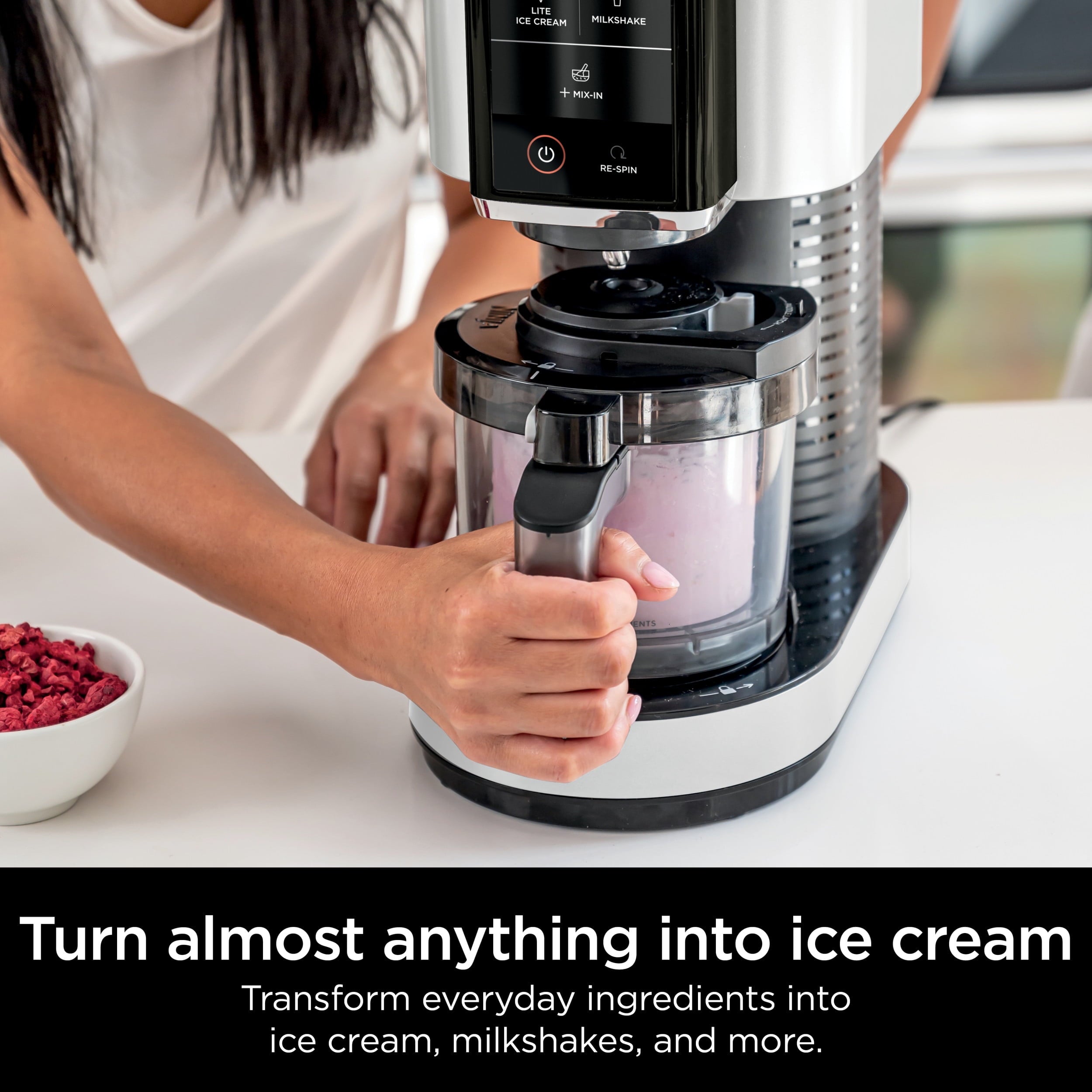 CREAMi Ice Cream Maker, for Mix-ins, Milkshakes, Sorbet, 5 One-Touch Programs, (2) 16 Oz Pint Containers &amp; Lids, NC300WH White