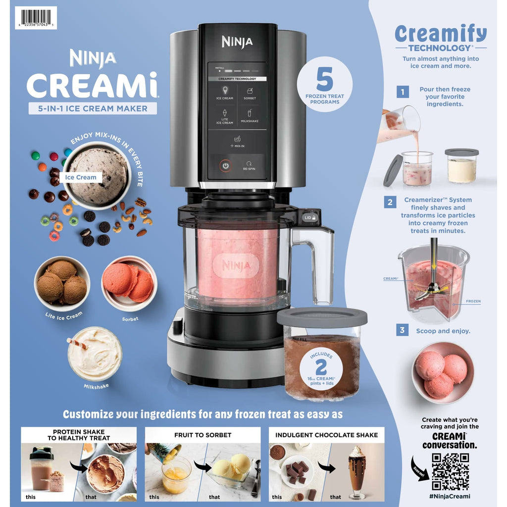 CREAMi Ice Cream Maker, for Mix-ins, Milkshakes, Sorbet, 5 One-Touch Programs, (2) 16 Oz Pint Containers &amp; Lids, NC300WH White