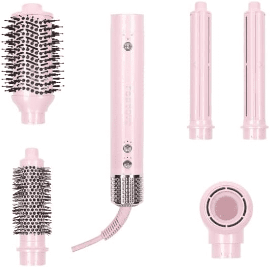 Super Styler Pro Interchangeable Hair Styler Wand Curling Iron Set - w/Drying Cylinder, Ceramic Blowout &amp; Round Brushes, 2 Auto-Wrap Curlers - Frizz-Free, Smooth Hair (Blush)