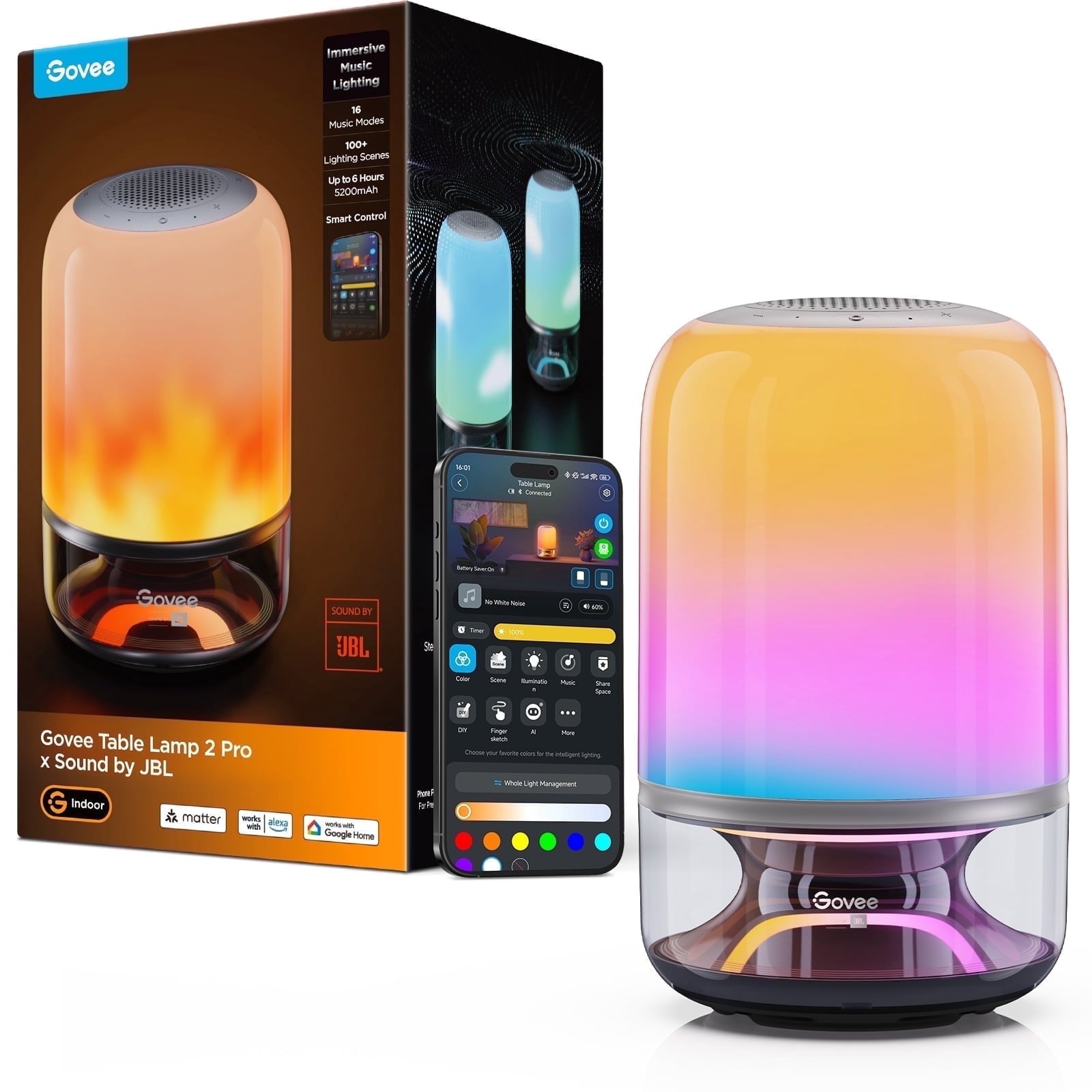 Table Lamp 2 Pro x Sound by JBL, Smart Cordless Table Lamp with Speaker, Music-Light Sync, 16 Music Modes &amp; 100+ Scene Modes, Work with Matter, DIY Customized Rechargeable Desk Lamp for Bedroom