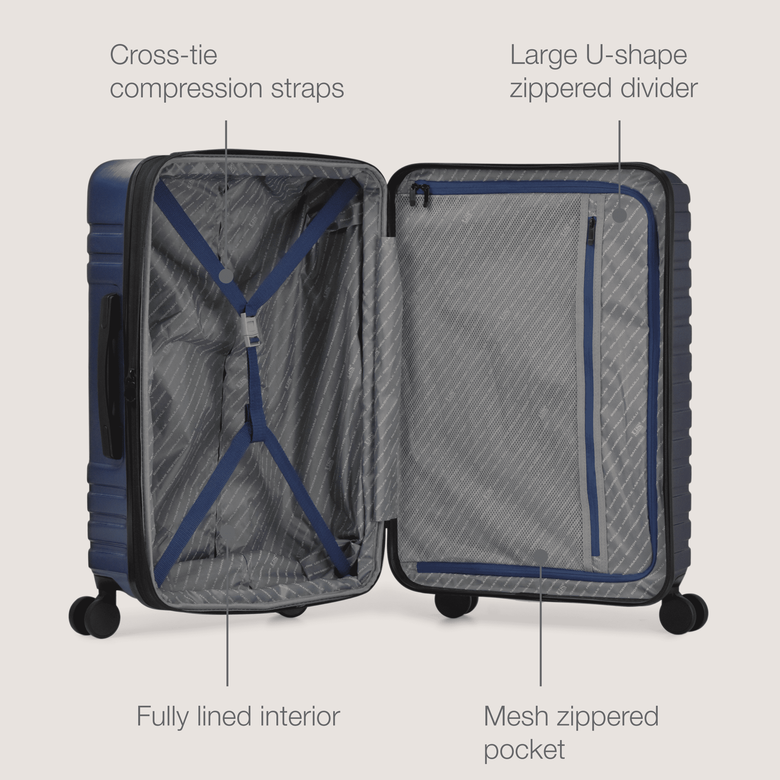 Boren Hardside Rugged Spinner Luggage Set w/ USB Port, Navy, 3-Piece (22/26/30)