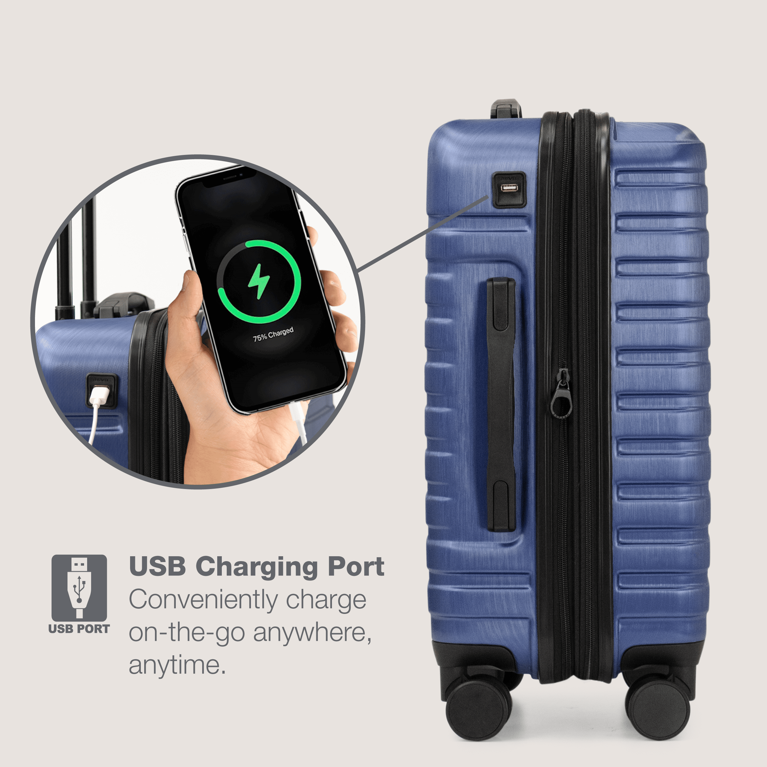 Boren Hardside Rugged Spinner Luggage Set w/ USB Port, Navy, 3-Piece (22/26/30)