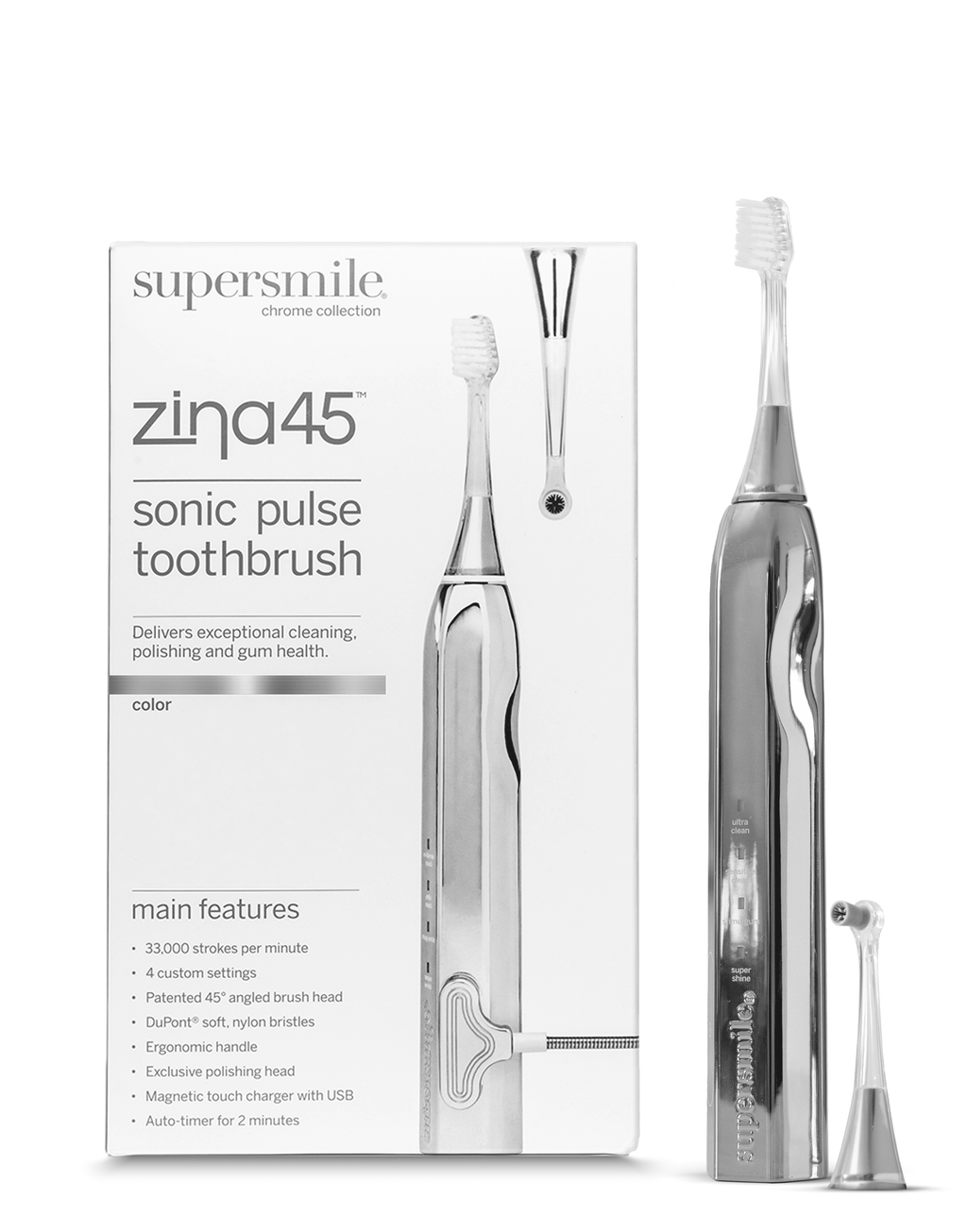 Zina45 Deluxe Sonic Pulse Electric Toothbrush, Rechargeable Whitening Tooth Brush, Silver