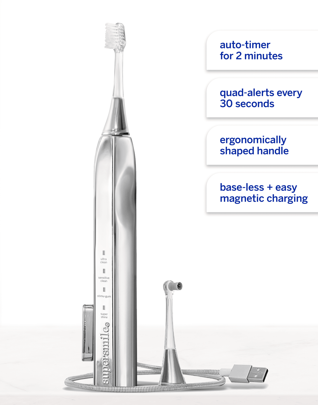 Zina45 Deluxe Sonic Pulse Electric Toothbrush, Rechargeable Whitening Tooth Brush, Silver