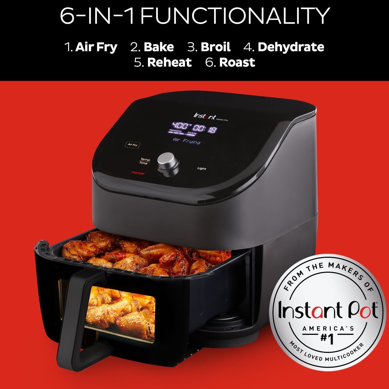 Vortex Plus 6-Quart 6-in-1 Air Fryer Oven with ClearCook Cooking Window, Digital Touchscreen, Nonstick and Dishwasher-Safe Basket, Includes Free App with over 1900 Recipes, Single Basket