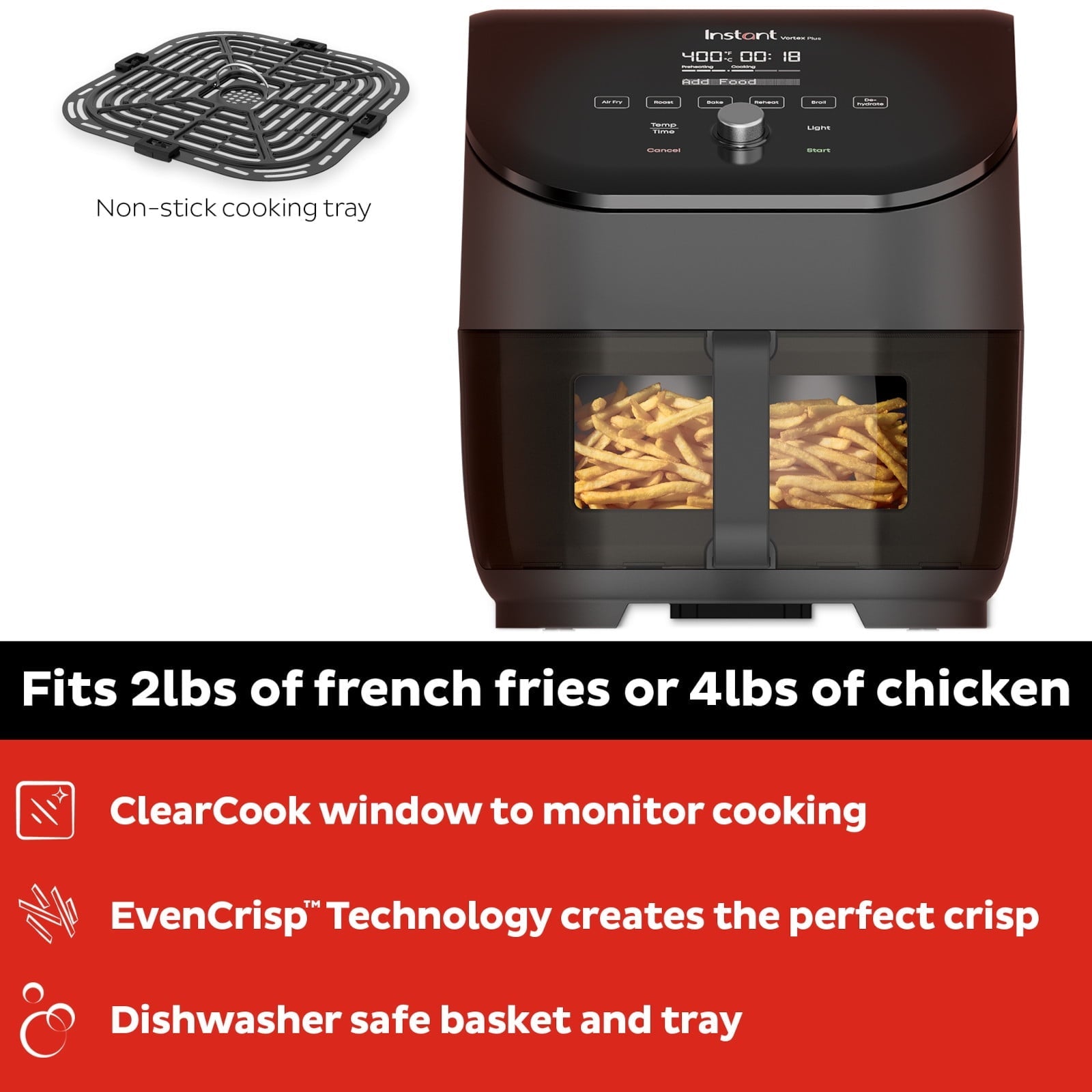 Vortex Plus 6-Quart 6-in-1 Air Fryer Oven with ClearCook Cooking Window, Digital Touchscreen, Nonstick and Dishwasher-Safe Basket, Includes Free App with over 1900 Recipes, Single Basket