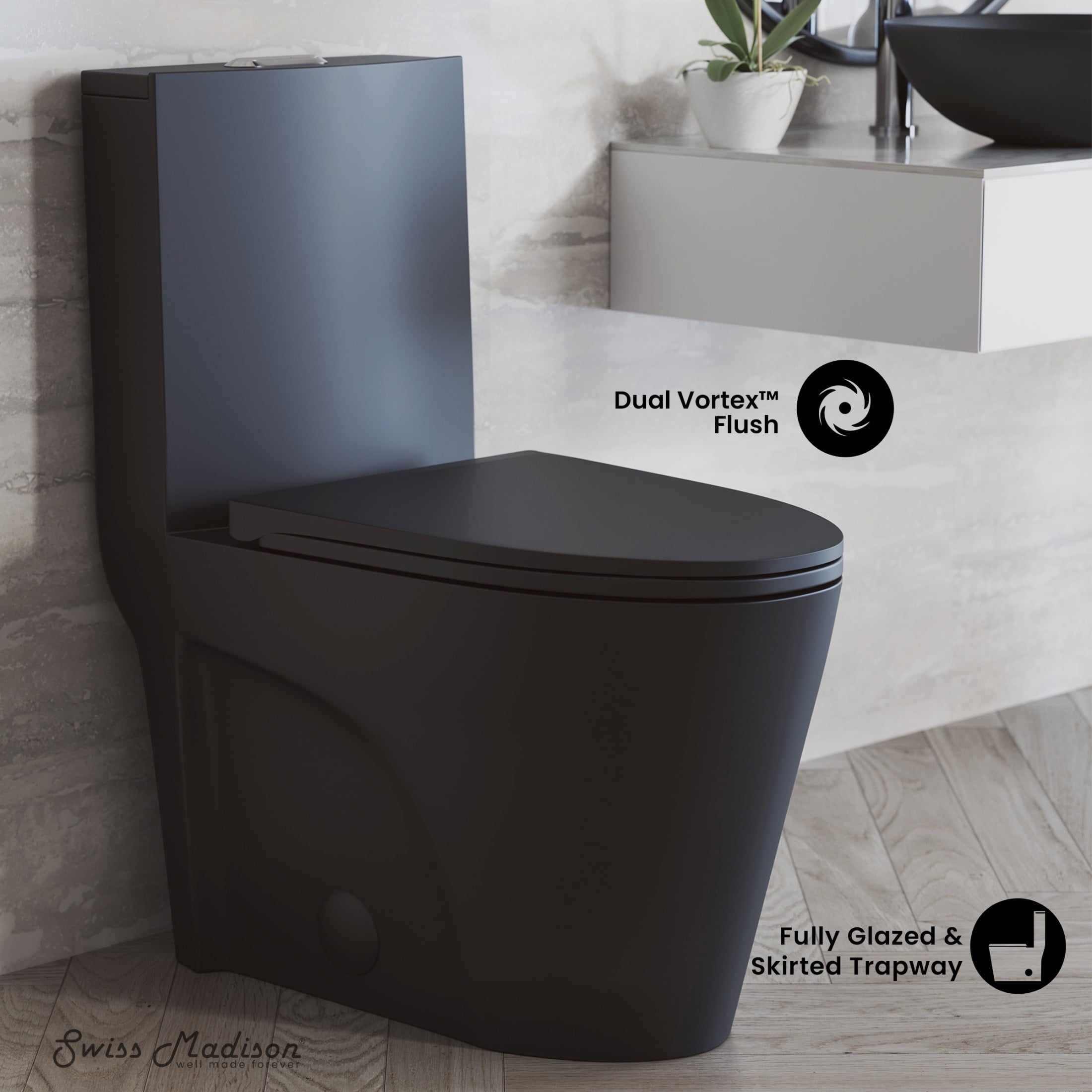 One Piece Elongated Toilet Dual Vortex Flush 1.1/1.6 gpf with 10" Rough-In, Matte Black