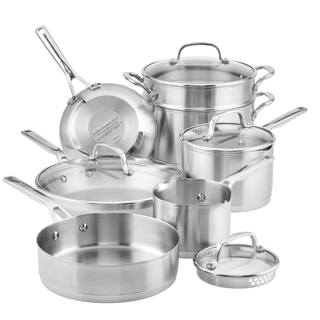 3-Ply Base 11 Pcs Stainless Steel Cookware Induction Pots and Pans Set, Metal Utensil and Dishwasher Safe and Oven Safe to 500°F, Brushed Stainless Steel