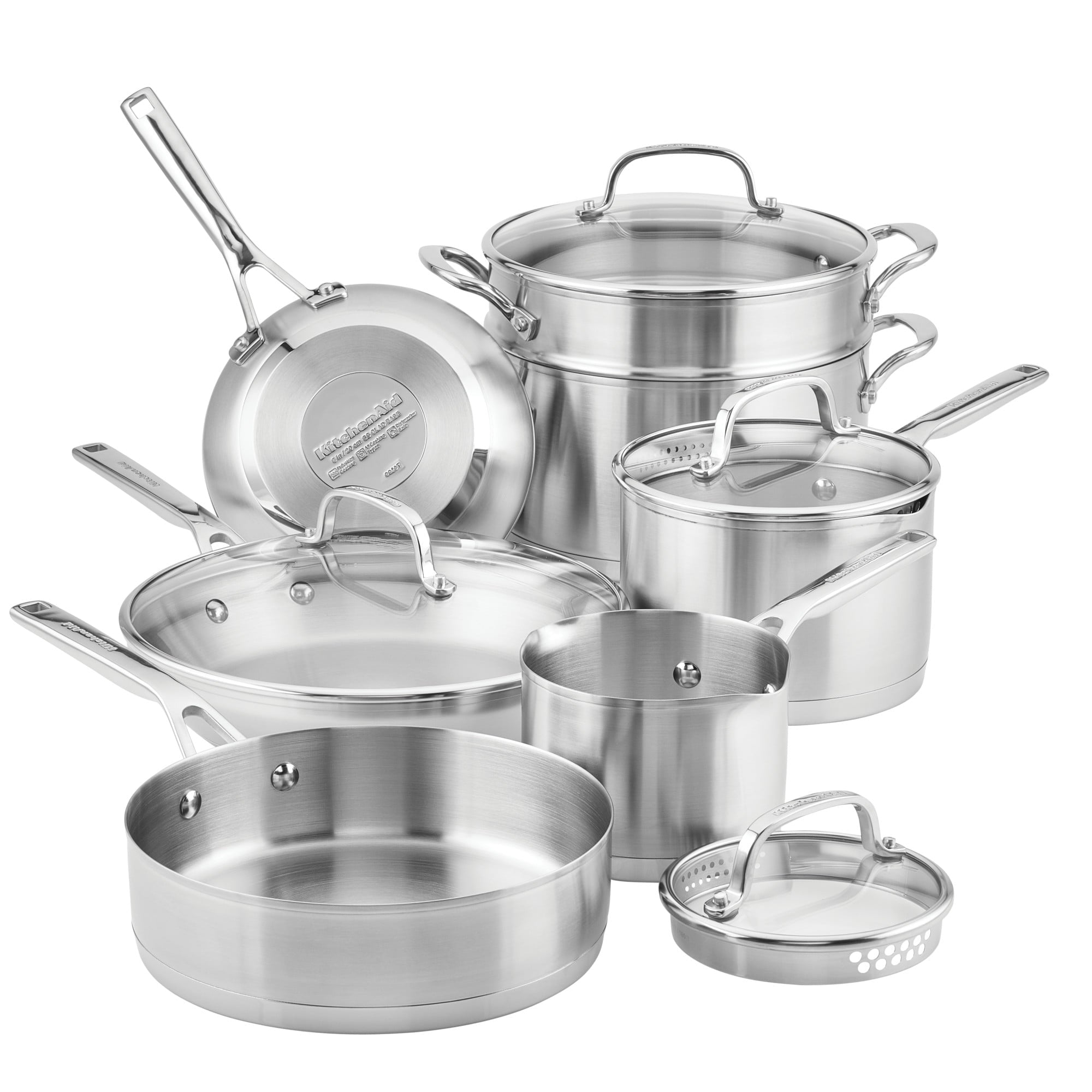 3-Ply Base 11 Pcs Stainless Steel Cookware Induction Pots and Pans Set, Metal Utensil and Dishwasher Safe and Oven Safe to 500°F, Brushed Stainless Steel