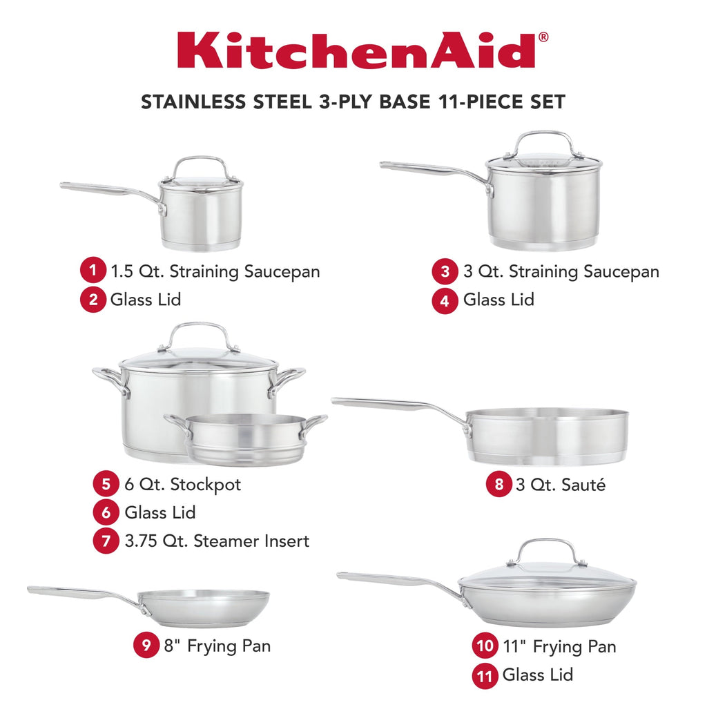 3-Ply Base 11 Pcs Stainless Steel Cookware Induction Pots and Pans Set, Metal Utensil and Dishwasher Safe and Oven Safe to 500°F, Brushed Stainless Steel