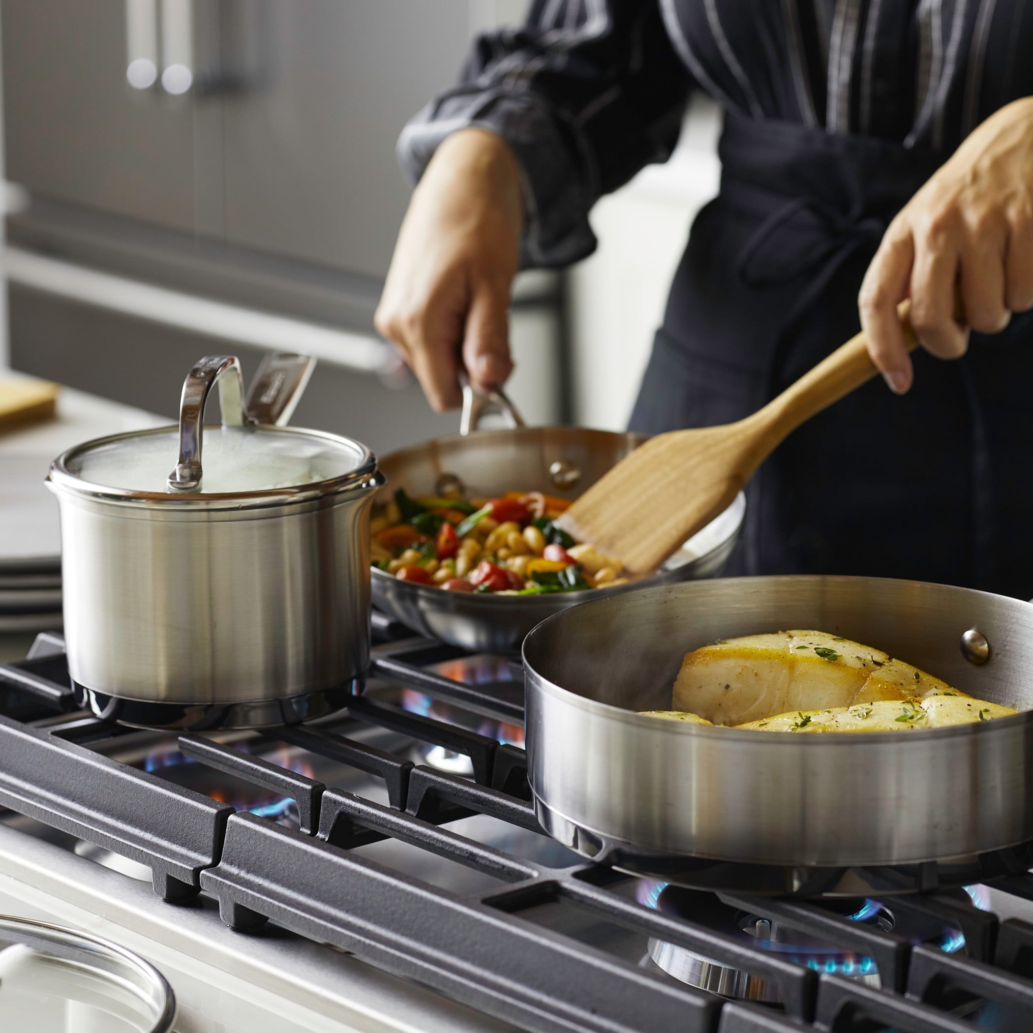 3-Ply Base 11 Pcs Stainless Steel Cookware Induction Pots and Pans Set, Metal Utensil and Dishwasher Safe and Oven Safe to 500°F, Brushed Stainless Steel