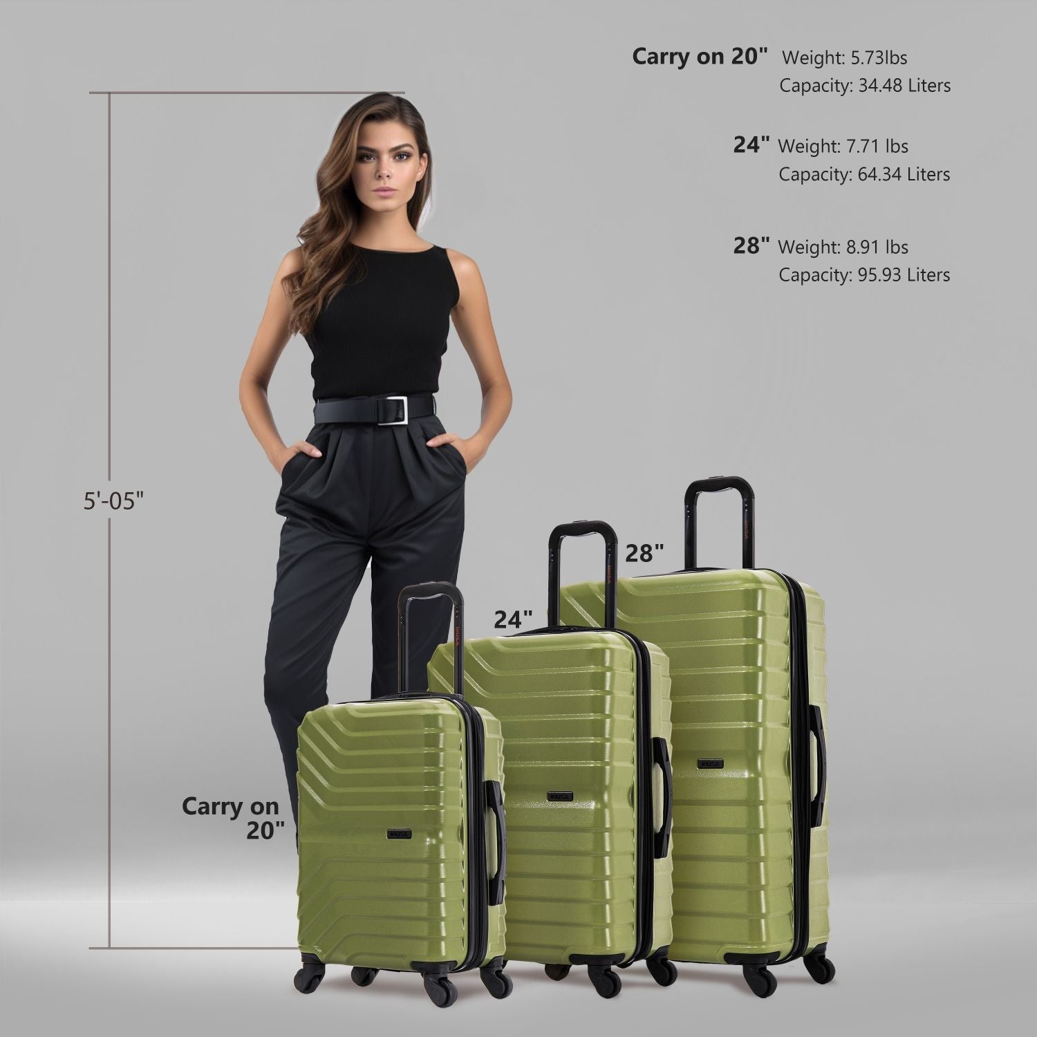 AURUM 3-Piece Hardside Luggage Sets with Spinner Wheels, Handle and Trolley, (20"/24"/28"), Green